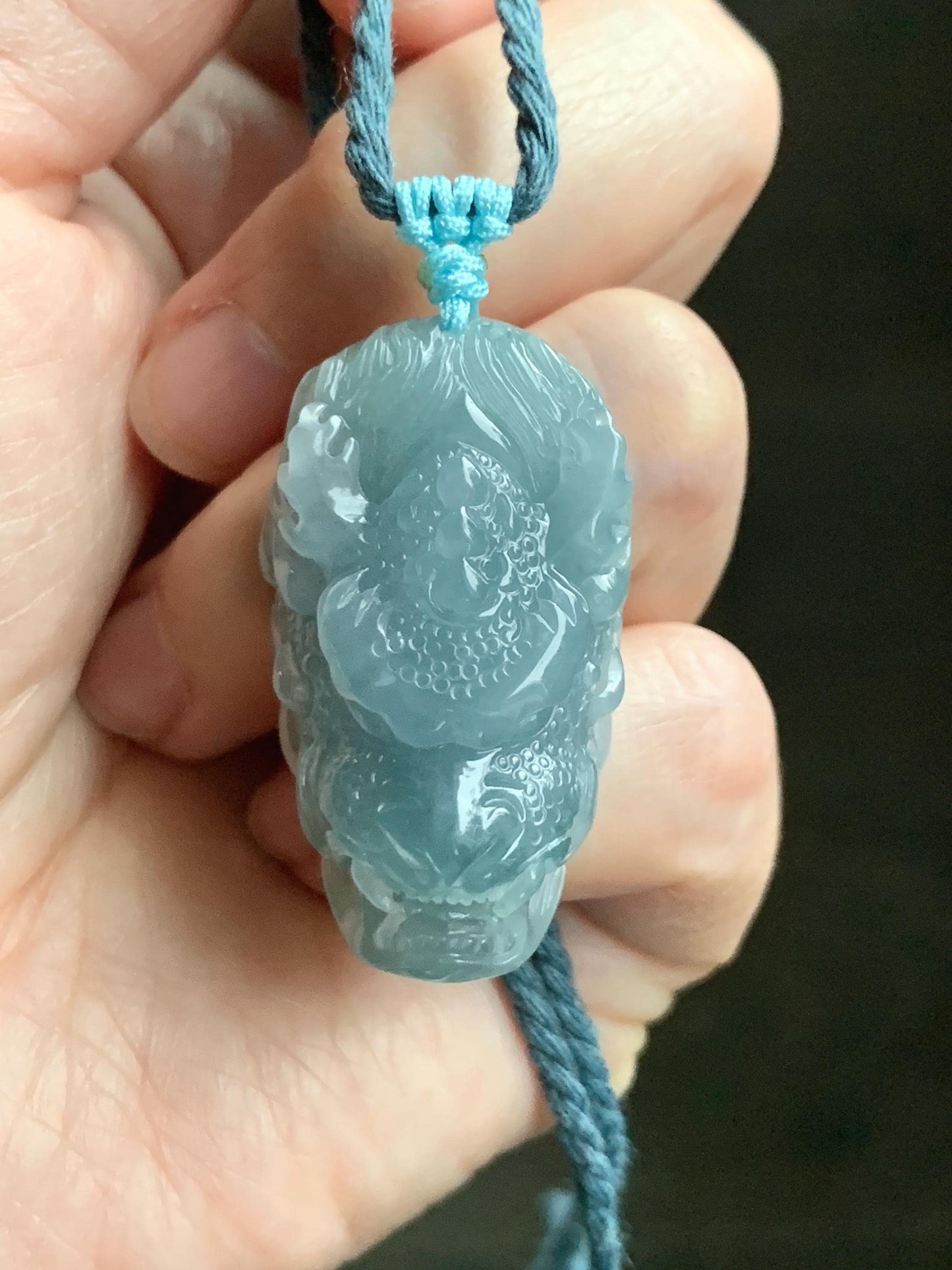 Natural Grade A Guatemalan Icy Translucent Light Dusty Blue Jade Jadeite Carved Dragon Pendant Rope Necklace 26" 18g 天然冰危蓝翡翠精工龙头吾道吊坠 WLL440L