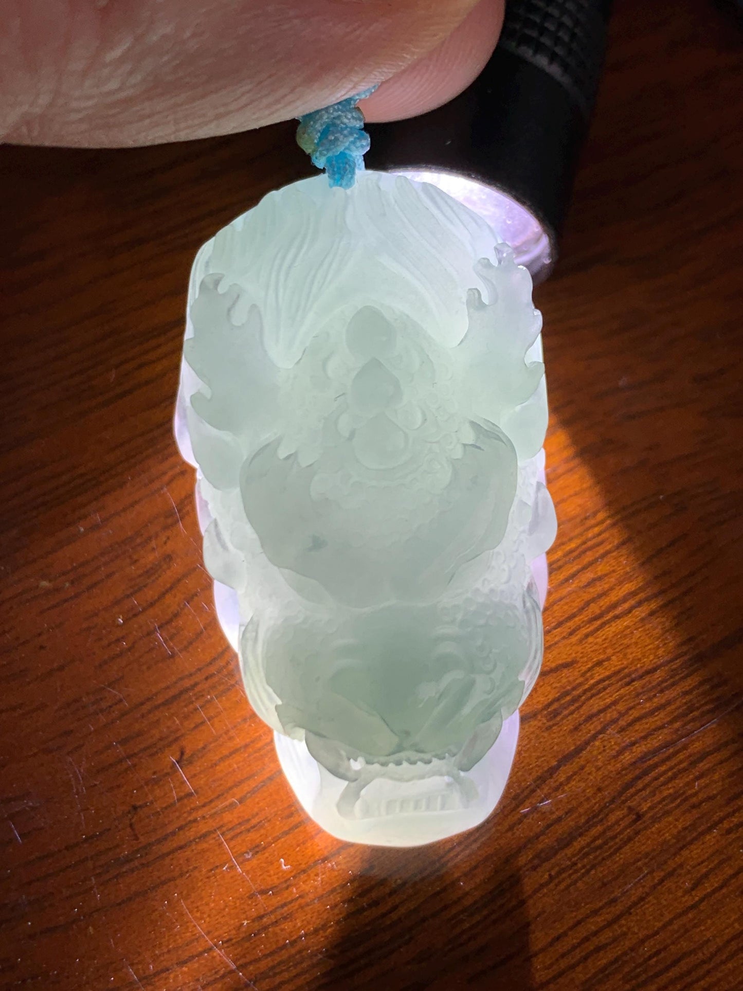 Natural Grade A Guatemalan Icy Translucent Light Dusty Blue Jade Jadeite Carved Dragon Pendant Rope Necklace 26" 18g 天然冰危蓝翡翠精工龙头吾道吊坠 WLL440L