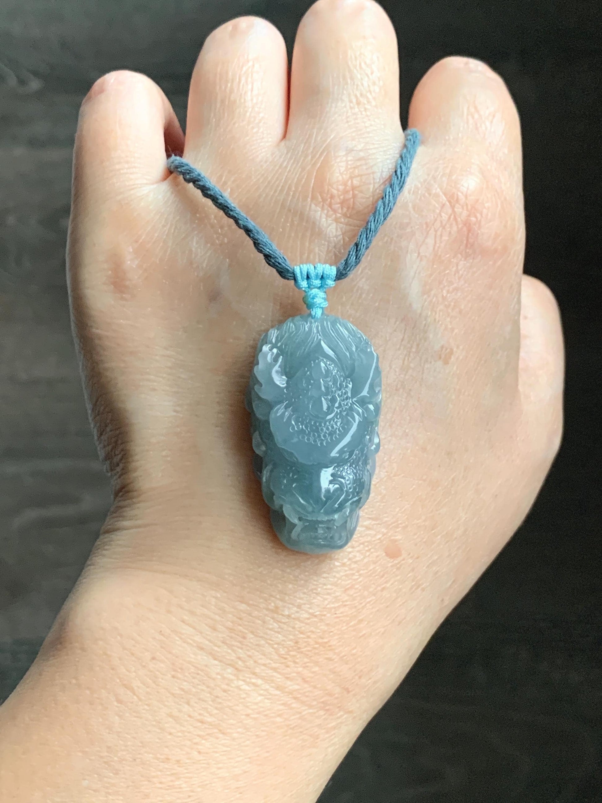 Natural Grade A Guatemalan Icy Translucent Light Dusty Blue Jade Jadeite Carved Dragon Pendant Rope Necklace 26" 18g 天然冰危蓝翡翠精工龙头吾道吊坠 WLL440L
