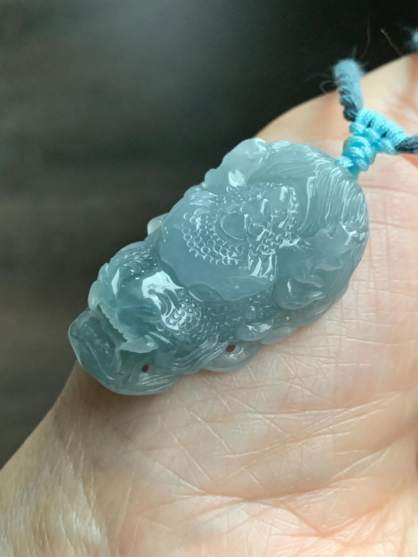 Natural Grade A Guatemalan Icy Translucent Light Dusty Blue Jade Jadeite Carved Dragon Pendant Rope Necklace 26" 18g 天然冰危蓝翡翠精工龙头吾道吊坠 WLL440L