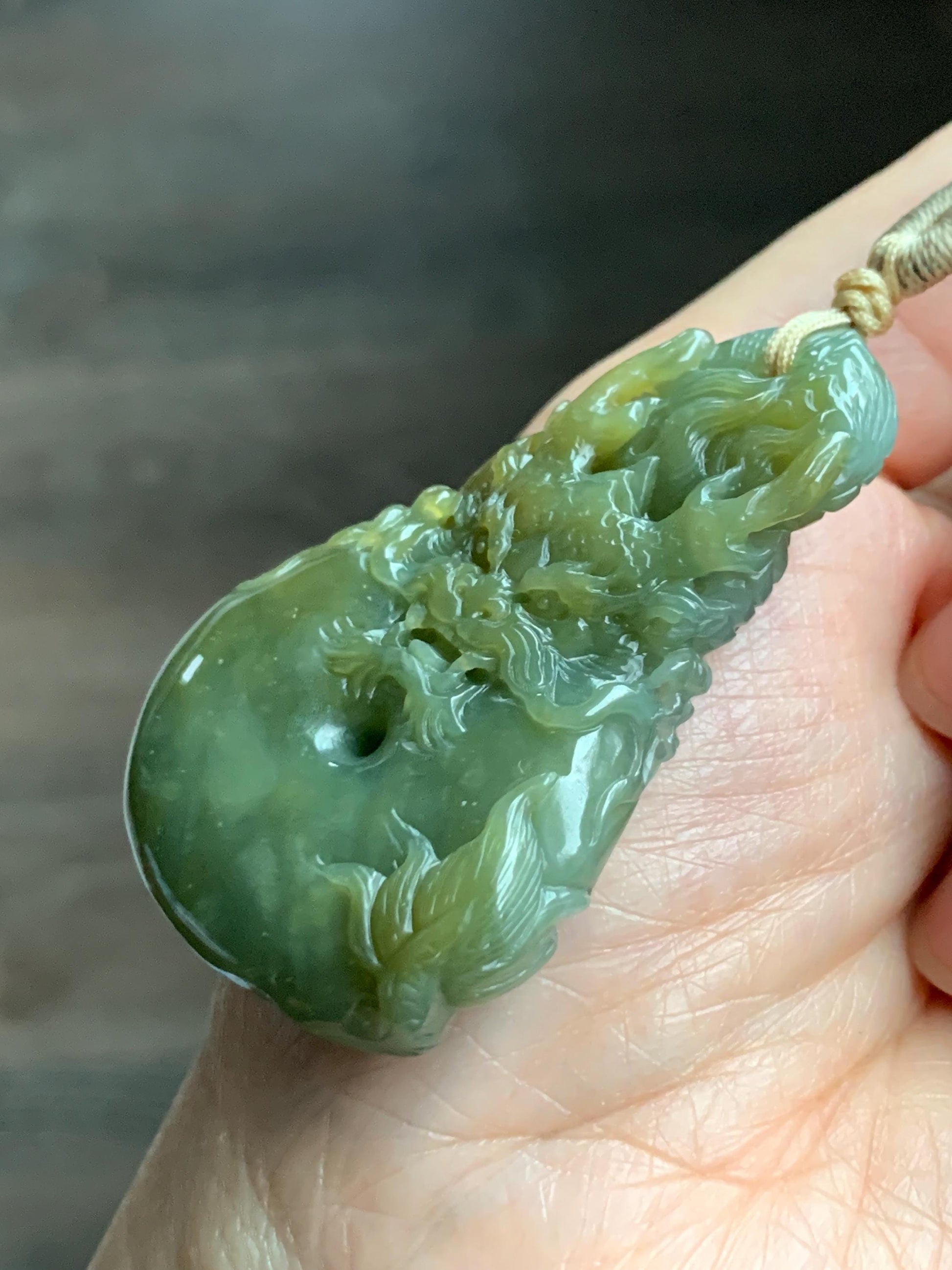 Certified Natural Grade A Guatemalan Icy Tea Yellow Jade Jadeite Carved Dragon Ping An Kou Donut Pendant Rope Necklace 天然冰危茶黄翡翠盘龙平安扣吊坠 202