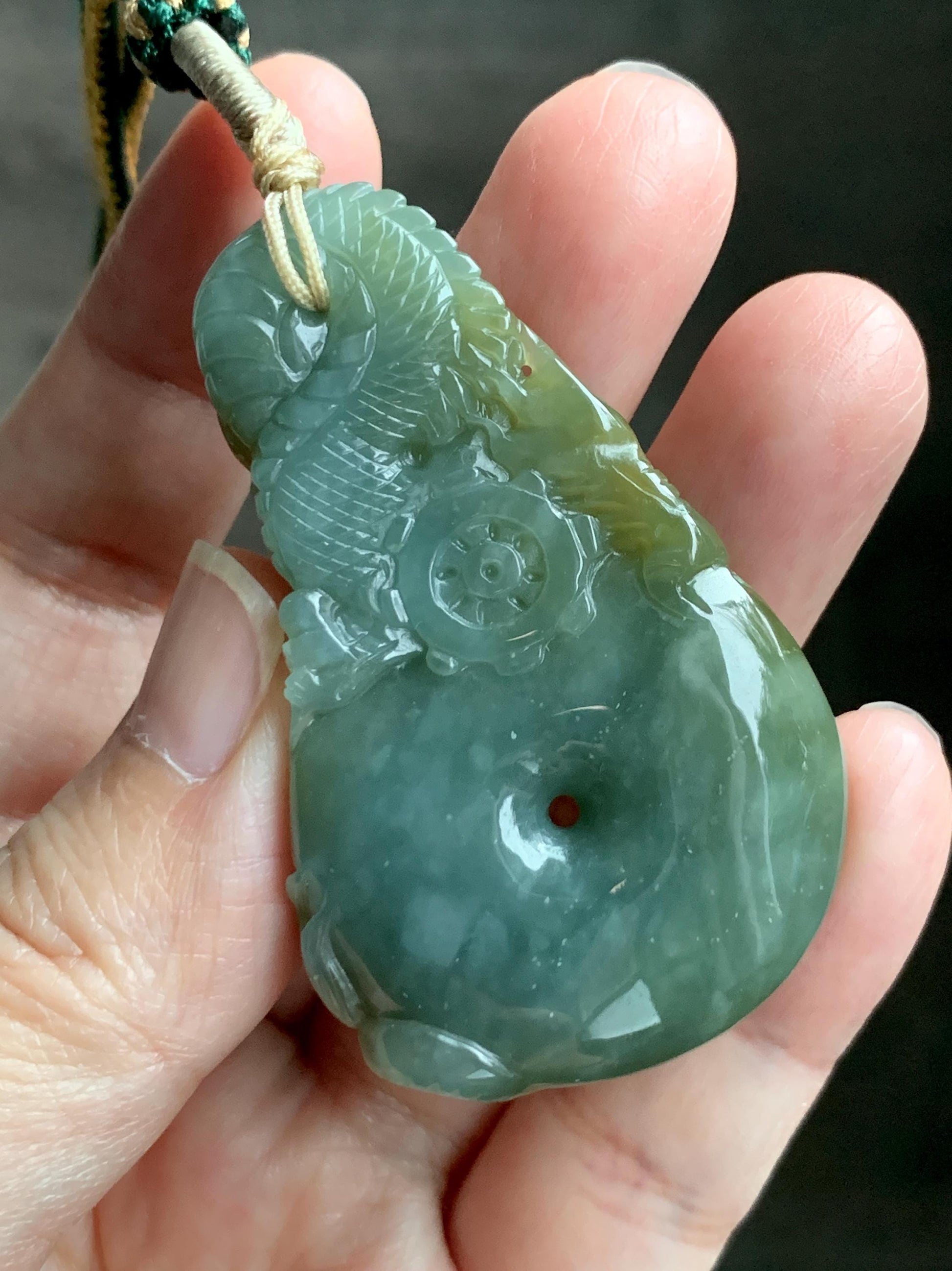 Certified Natural Grade A Guatemalan Icy Tea Yellow Jade Jadeite Carved Dragon Ping An Kou Donut Pendant Rope Necklace 天然冰危茶黄翡翠盘龙平安扣吊坠 202