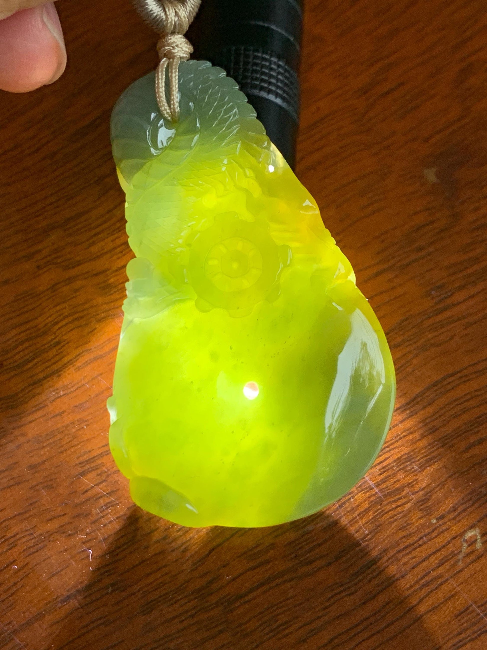 Certified Natural Grade A Guatemalan Icy Tea Yellow Jade Jadeite Carved Dragon Ping An Kou Donut Pendant Rope Necklace 天然冰危茶黄翡翠盘龙平安扣吊坠 202