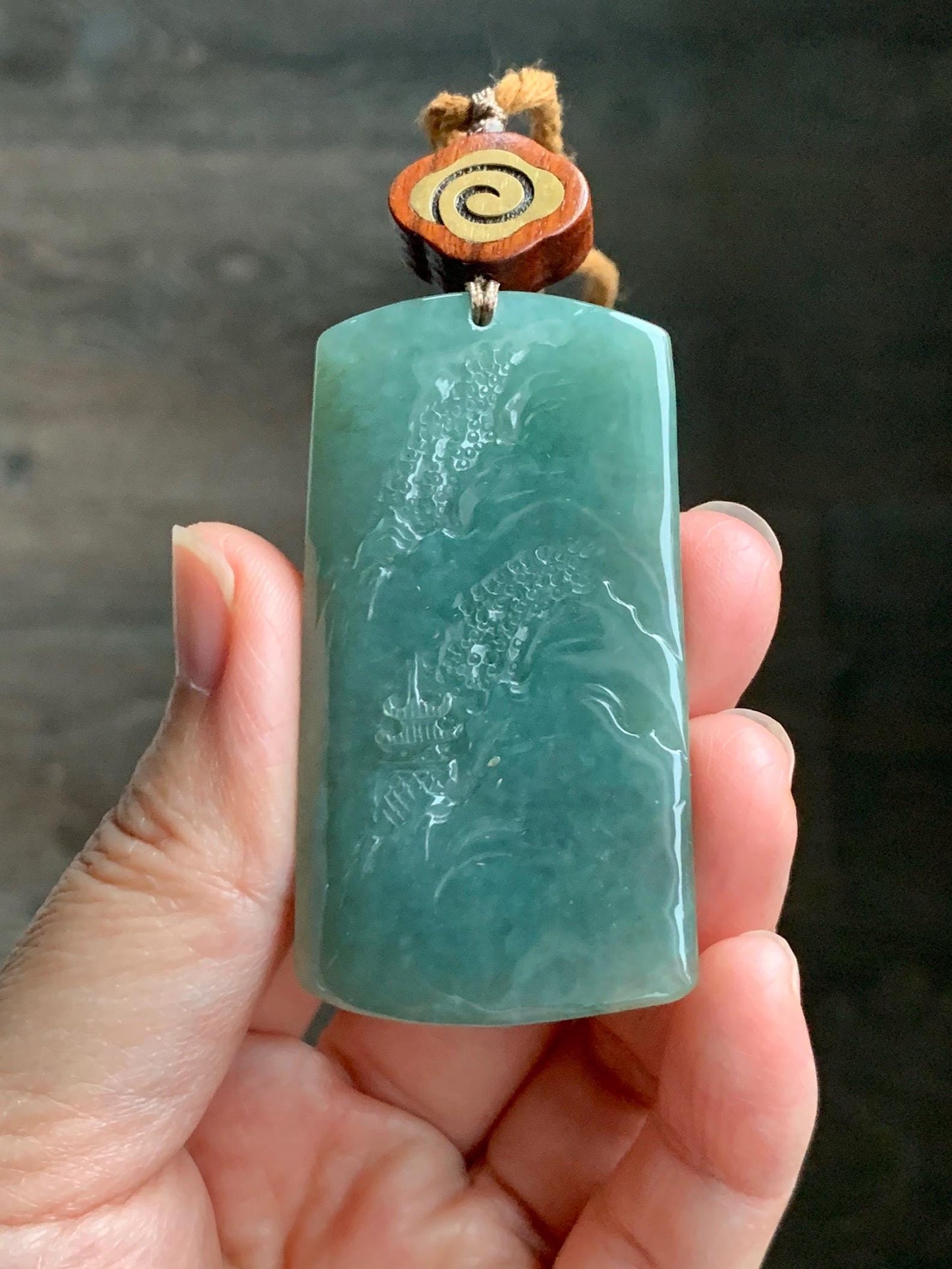 Certified Natural Grade A Icy Translucent Bluish Green Golden Brown Marbled Jadeite Shan Shui Large Pendant Rope Necklace 天然油青撒金翡翠山水吊坠 275