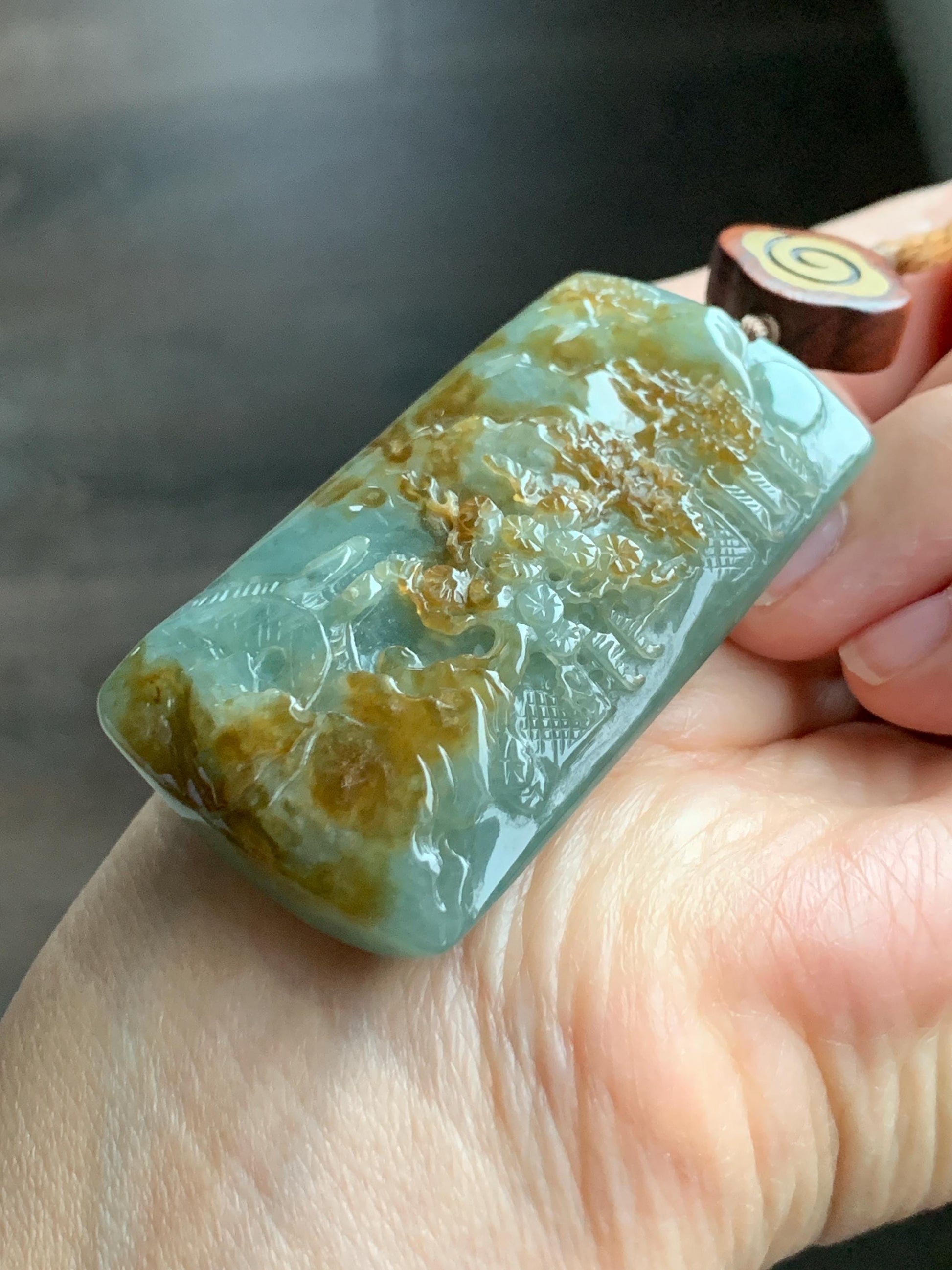 Certified Natural Grade A Icy Translucent Bluish Green Golden Brown Marbled Jadeite Shan Shui Large Pendant Rope Necklace 天然油青撒金翡翠山水吊坠 275