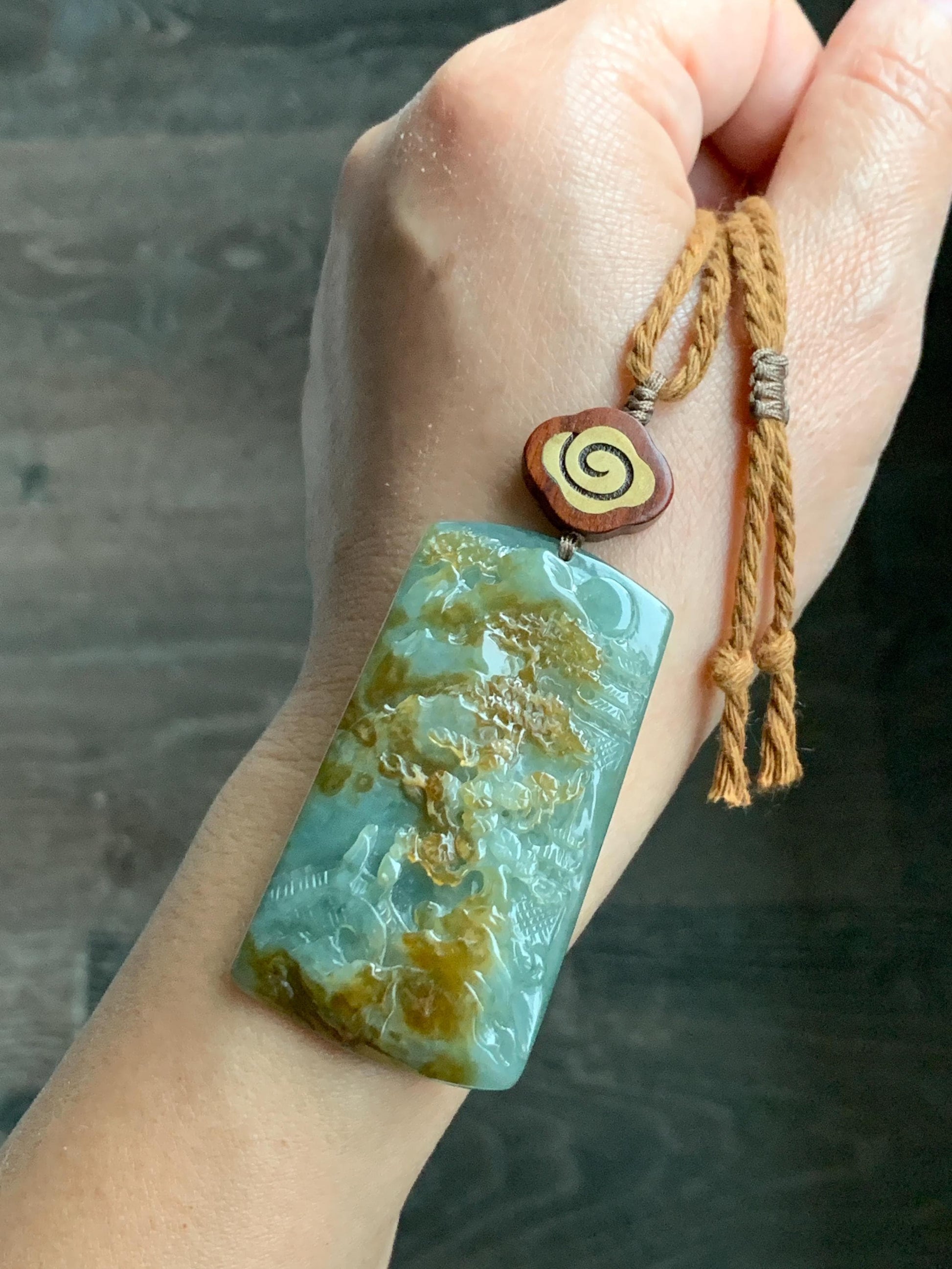 Certified Natural Grade A Icy Translucent Bluish Green Golden Brown Marbled Jadeite Shan Shui Large Pendant Rope Necklace 天然油青撒金翡翠山水吊坠 275