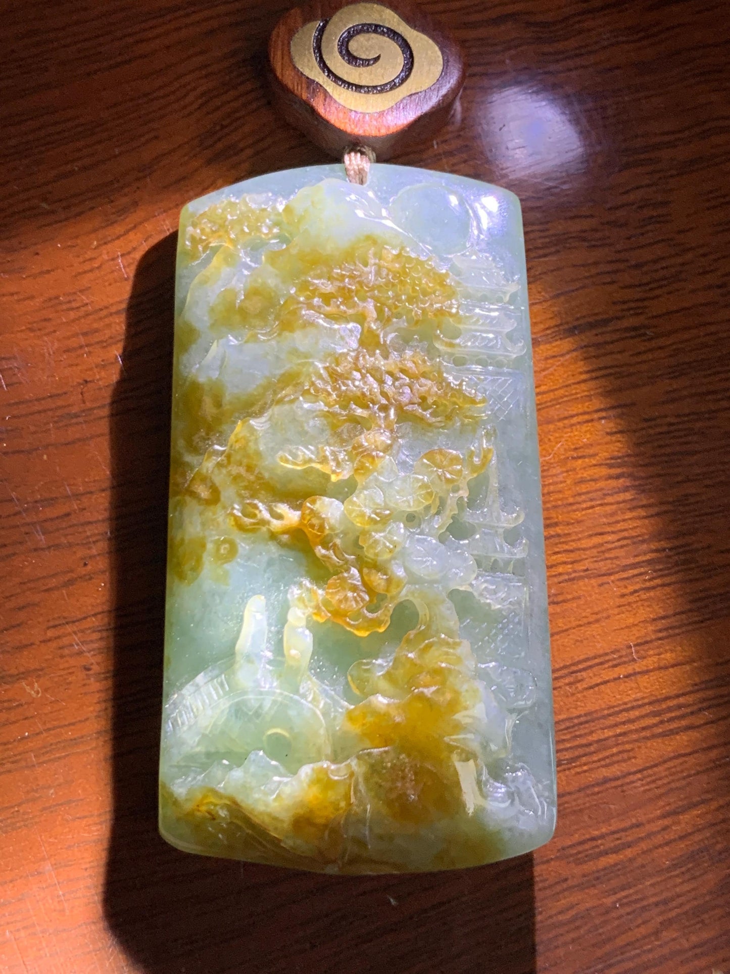Certified Natural Grade A Icy Translucent Bluish Green Golden Brown Marbled Jadeite Shan Shui Large Pendant Rope Necklace 天然油青撒金翡翠山水吊坠 275