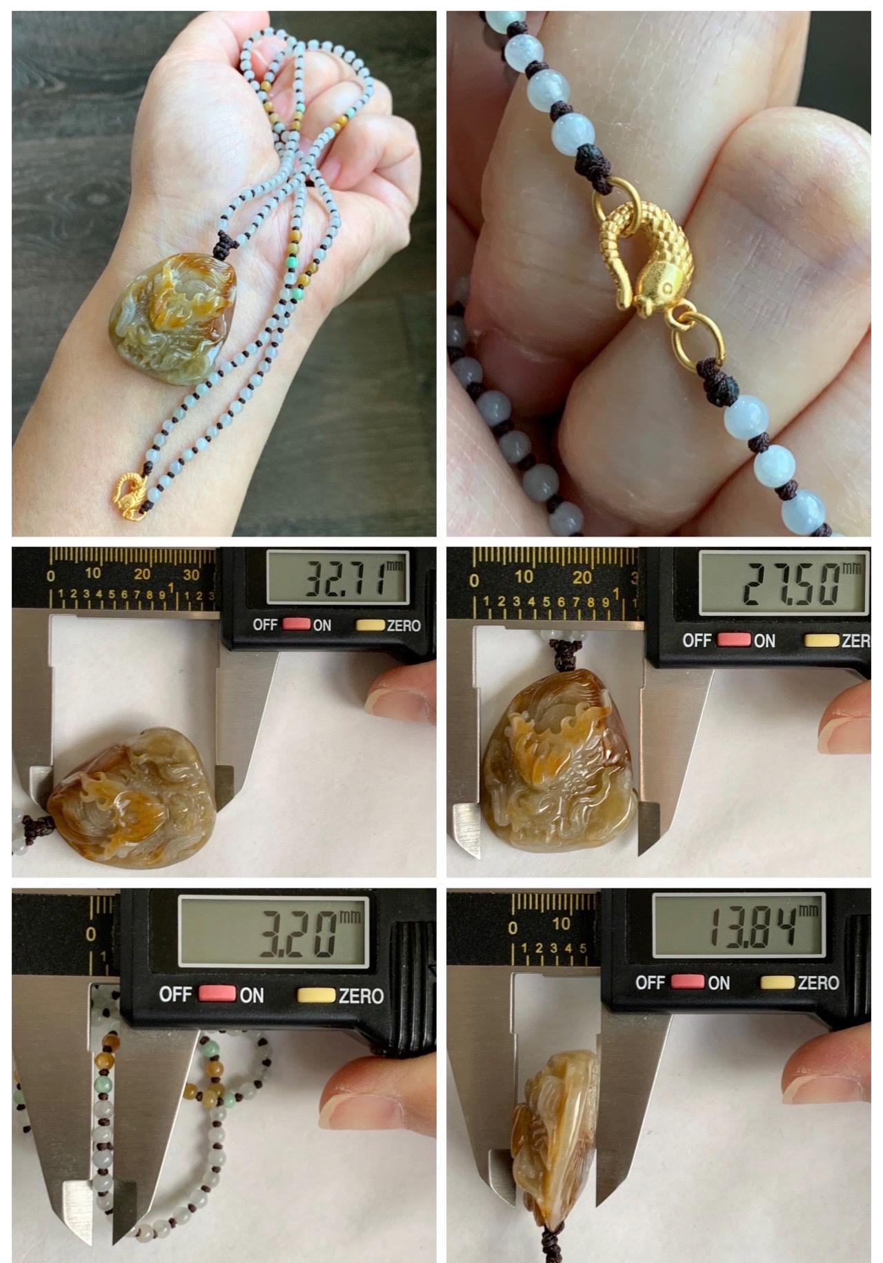 Natural Grade A Icy Translucent Yellow Jade Jadeite Carved Dragon Pendant Beaded Necklace Sterling Silver 22” 23g 天然冰黄翡翠龙牌吊坠珠链项链 HFL220