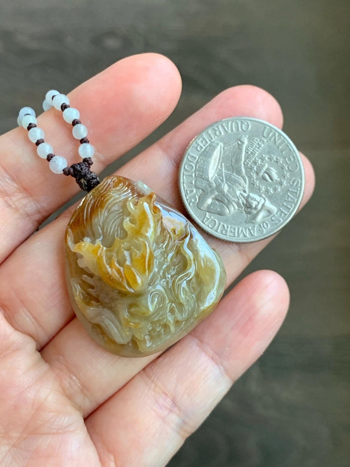 Natural Grade A Icy Translucent Yellow Jade Jadeite Carved Dragon Pendant Beaded Necklace Sterling Silver 22” 23g 天然冰黄翡翠龙牌吊坠珠链项链 HFL220
