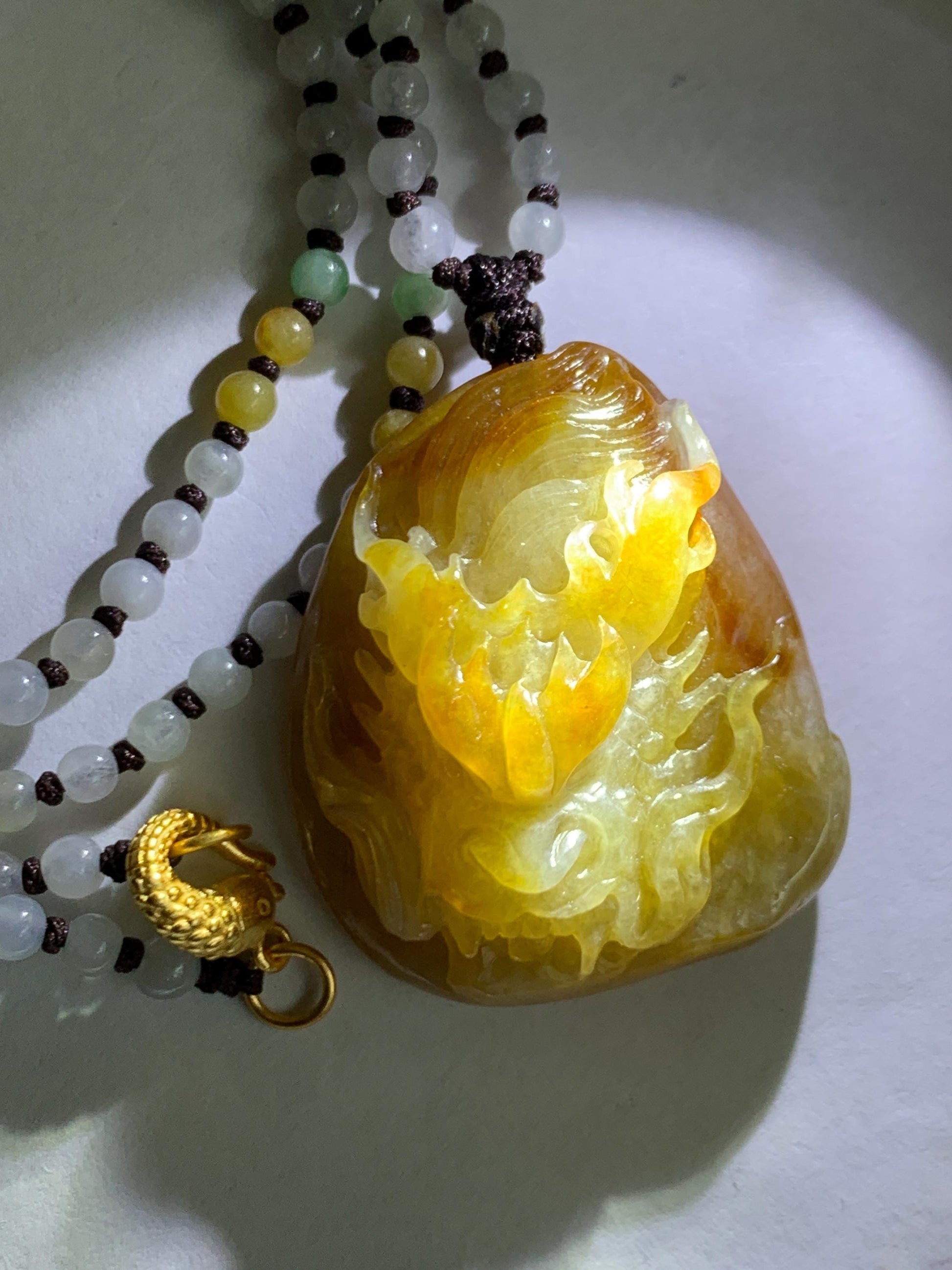 Natural Grade A Icy Translucent Yellow Jade Jadeite Carved Dragon Pendant Beaded Necklace Sterling Silver 22” 23g 天然冰黄翡翠龙牌吊坠珠链项链 HFL220