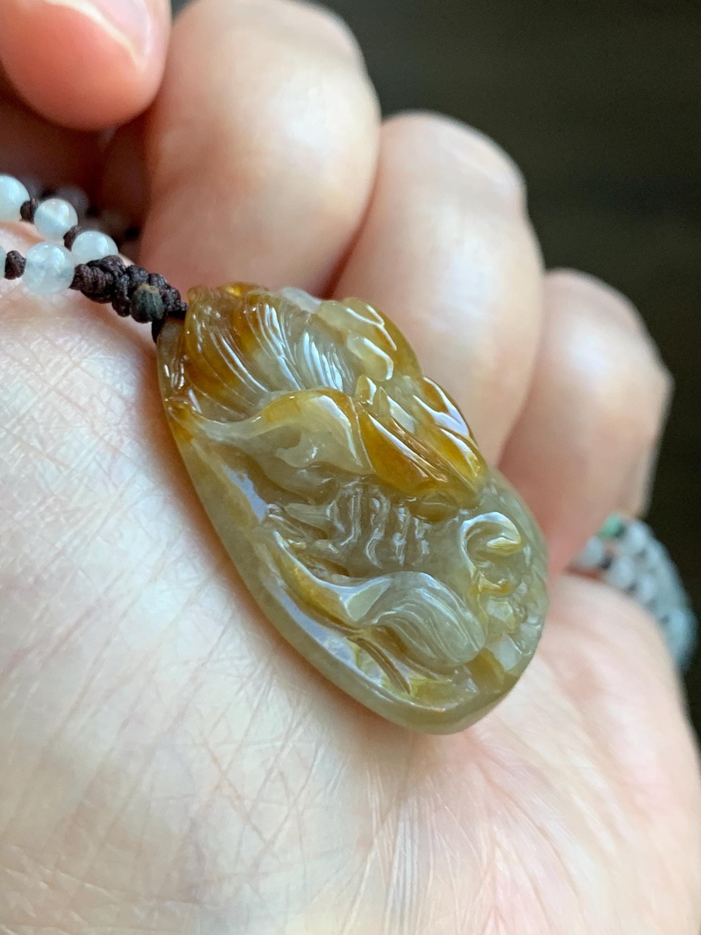 Natural Grade A Icy Translucent Yellow Jade Jadeite Carved Dragon Pendant Beaded Necklace Sterling Silver 22” 23g 天然冰黄翡翠龙牌吊坠珠链项链 HFL220