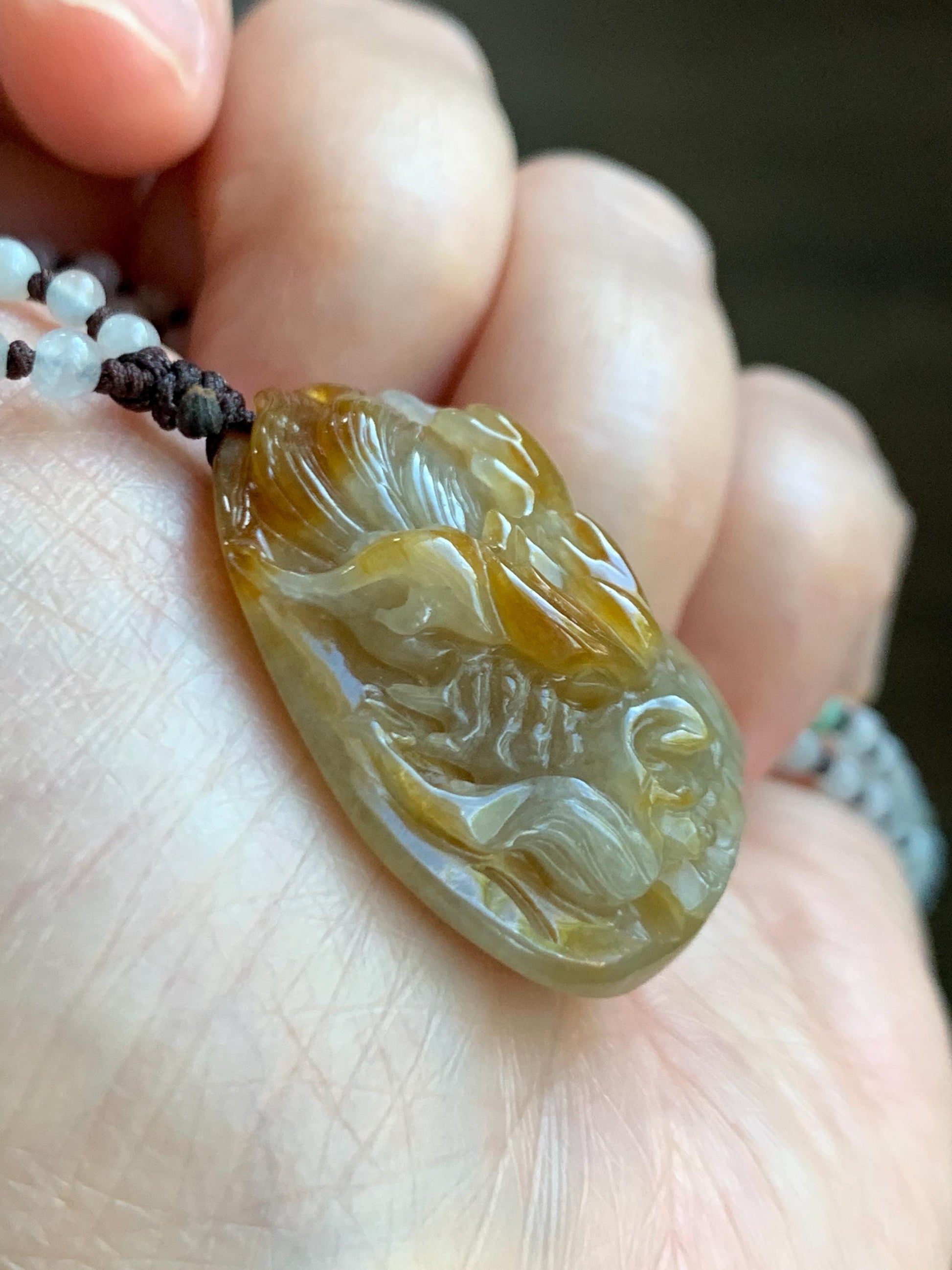 Natural Grade A Icy Translucent Yellow Jade Jadeite Carved Dragon Pendant Beaded Necklace Sterling Silver 22” 23g 天然冰黄翡翠龙牌吊坠珠链项链 HFL220