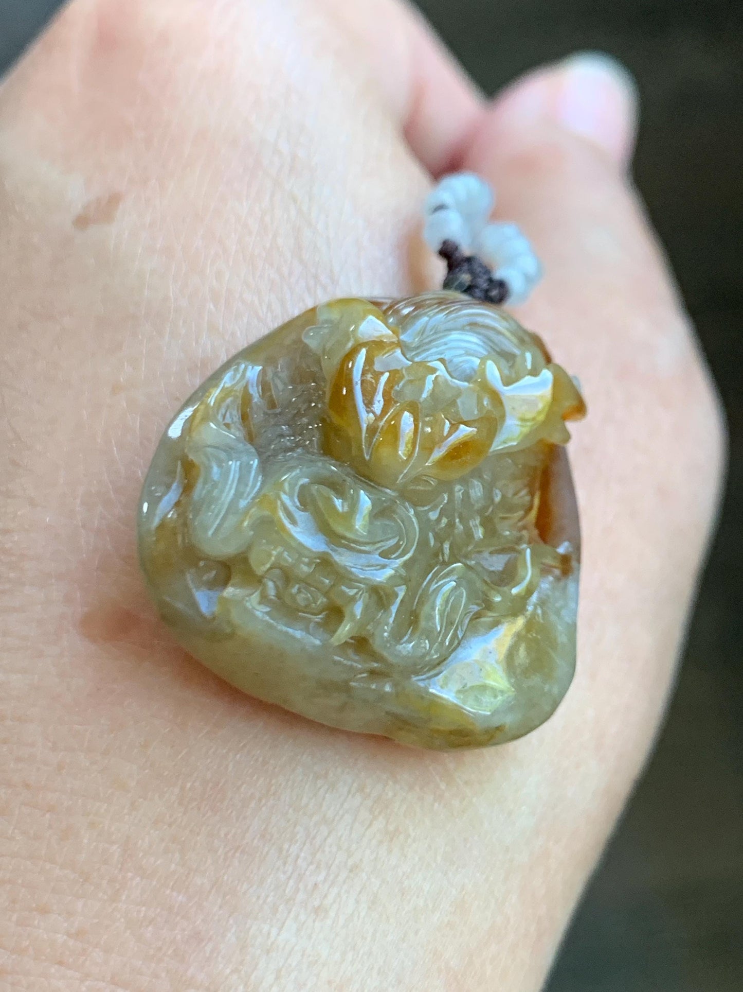 Natural Grade A Icy Translucent Yellow Jade Jadeite Carved Dragon Pendant Beaded Necklace Sterling Silver 22” 23g 天然冰黄翡翠龙牌吊坠珠链项链 HFL220