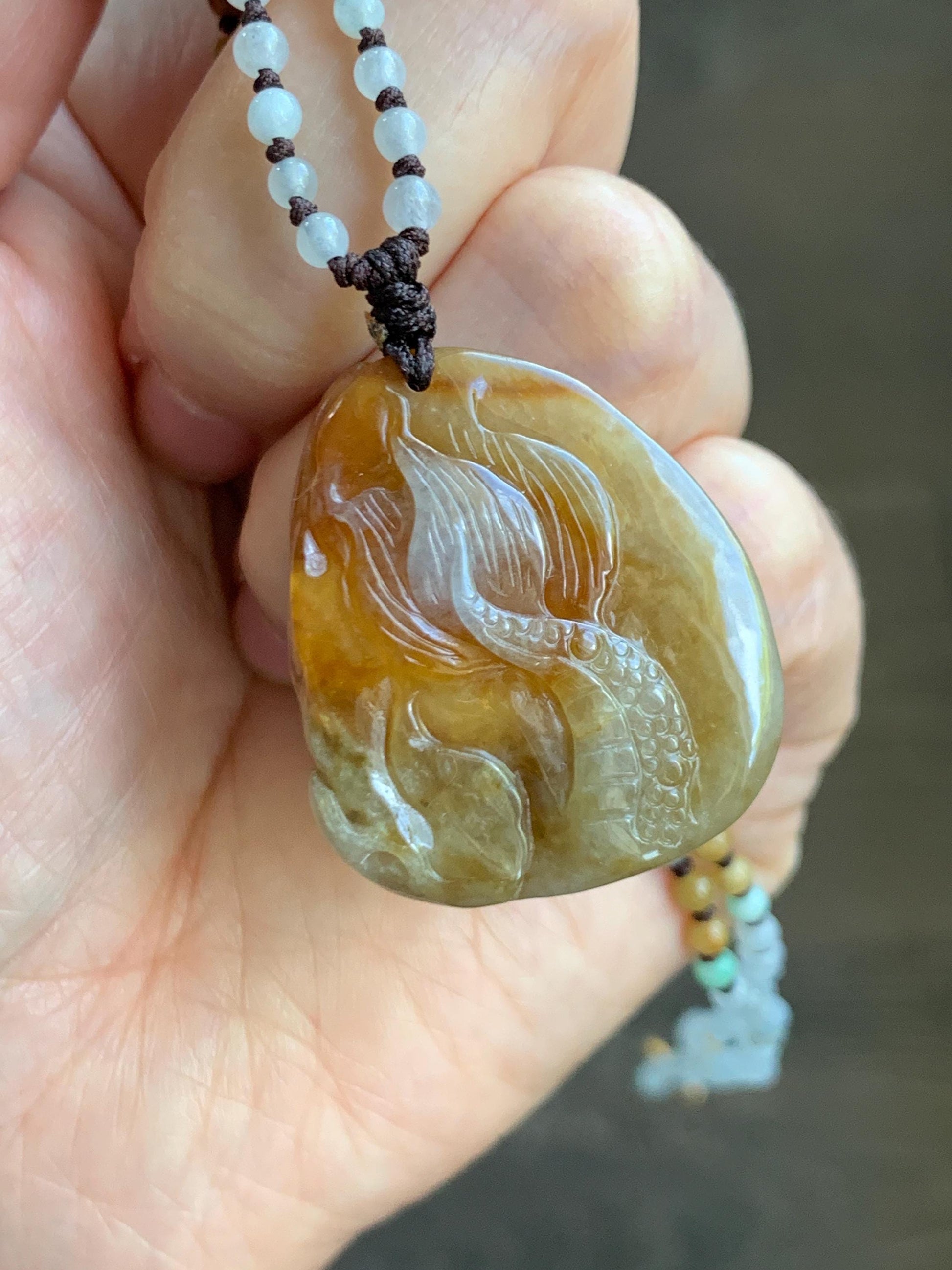 Natural Grade A Icy Translucent Yellow Jade Jadeite Carved Dragon Pendant Beaded Necklace Sterling Silver 22” 23g 天然冰黄翡翠龙牌吊坠珠链项链 HFL220