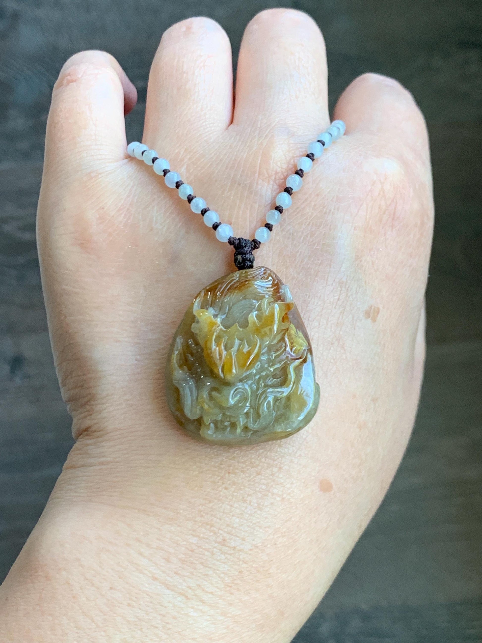 Natural Grade A Icy Translucent Yellow Jade Jadeite Carved Dragon Pendant Beaded Necklace Sterling Silver 22” 23g 天然冰黄翡翠龙牌吊坠珠链项链 HFL220