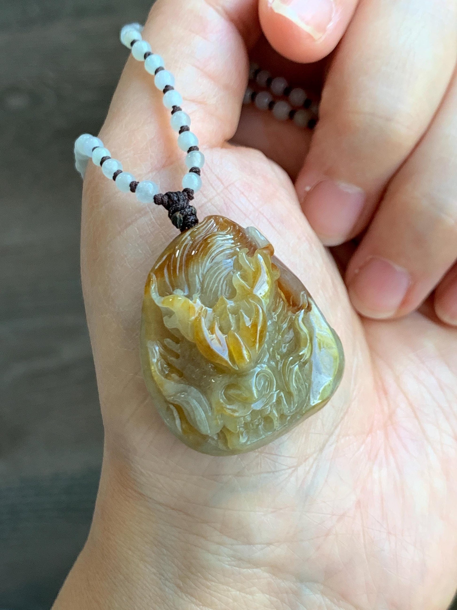 Natural Grade A Icy Translucent Yellow Jade Jadeite Carved Dragon Pendant Beaded Necklace Sterling Silver 22” 23g 天然冰黄翡翠龙牌吊坠珠链项链 HFL220