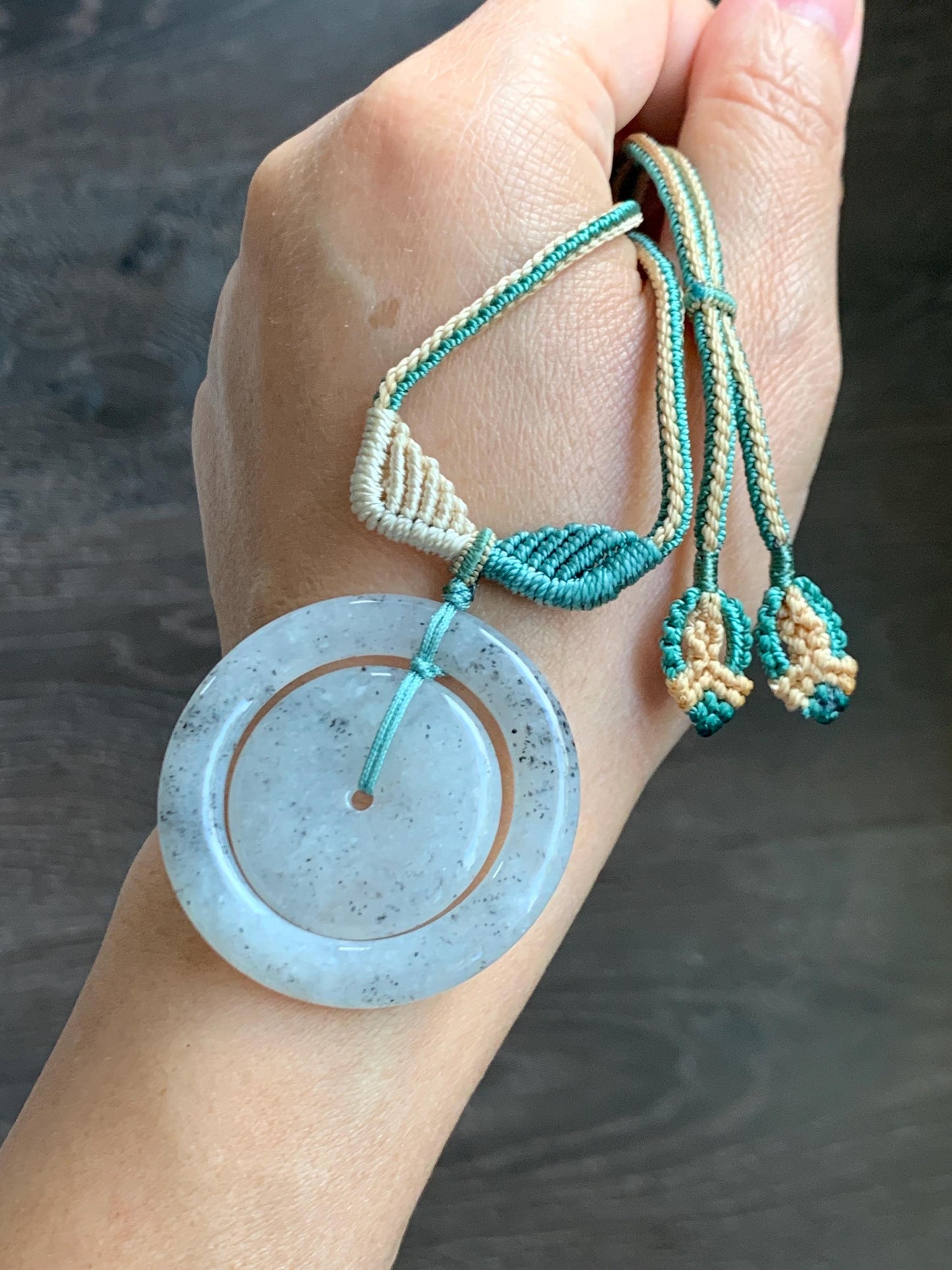 Natural Grade A Icy Highly Translucent Light Wuji Jade Jadeite Mother-Child Ping An Kou Donut Pendant Rope Necklace 26” 天然冰胶乌鸡翡翠子母扣吊坠WJZM230