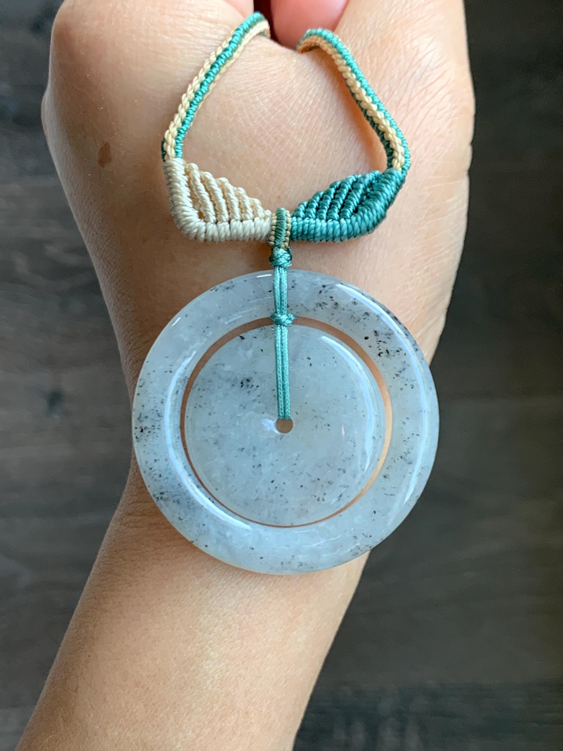 Natural Grade A Icy Highly Translucent Light Wuji Jade Jadeite Mother-Child Ping An Kou Donut Pendant Rope Necklace 26” 天然冰胶乌鸡翡翠子母扣吊坠WJZM230