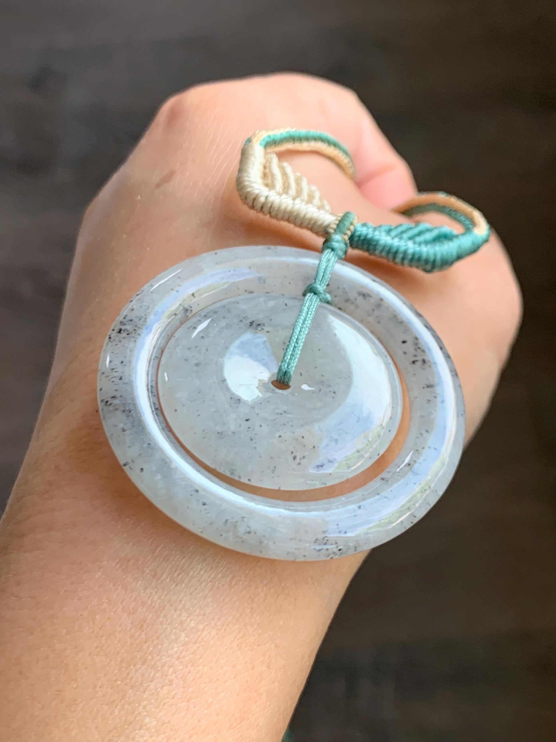 Natural Grade A Icy Highly Translucent Light Wuji Jade Jadeite Mother-Child Ping An Kou Donut Pendant Rope Necklace 26” 天然冰胶乌鸡翡翠子母扣吊坠WJZM230