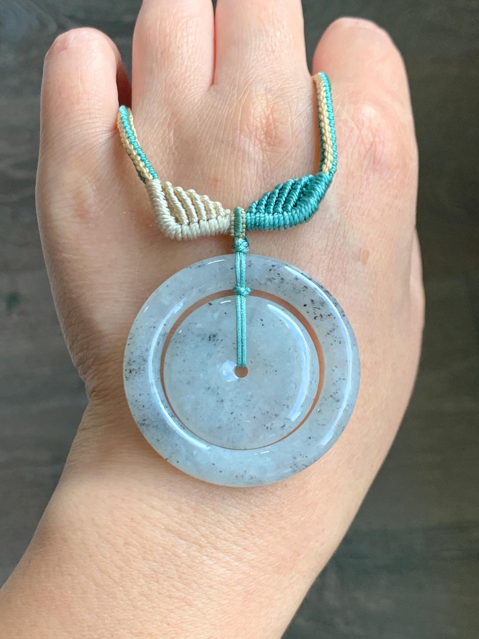 Natural Grade A Icy Highly Translucent Light Wuji Jade Jadeite Mother-Child Ping An Kou Donut Pendant Rope Necklace 26” 天然冰胶乌鸡翡翠子母扣吊坠WJZM230