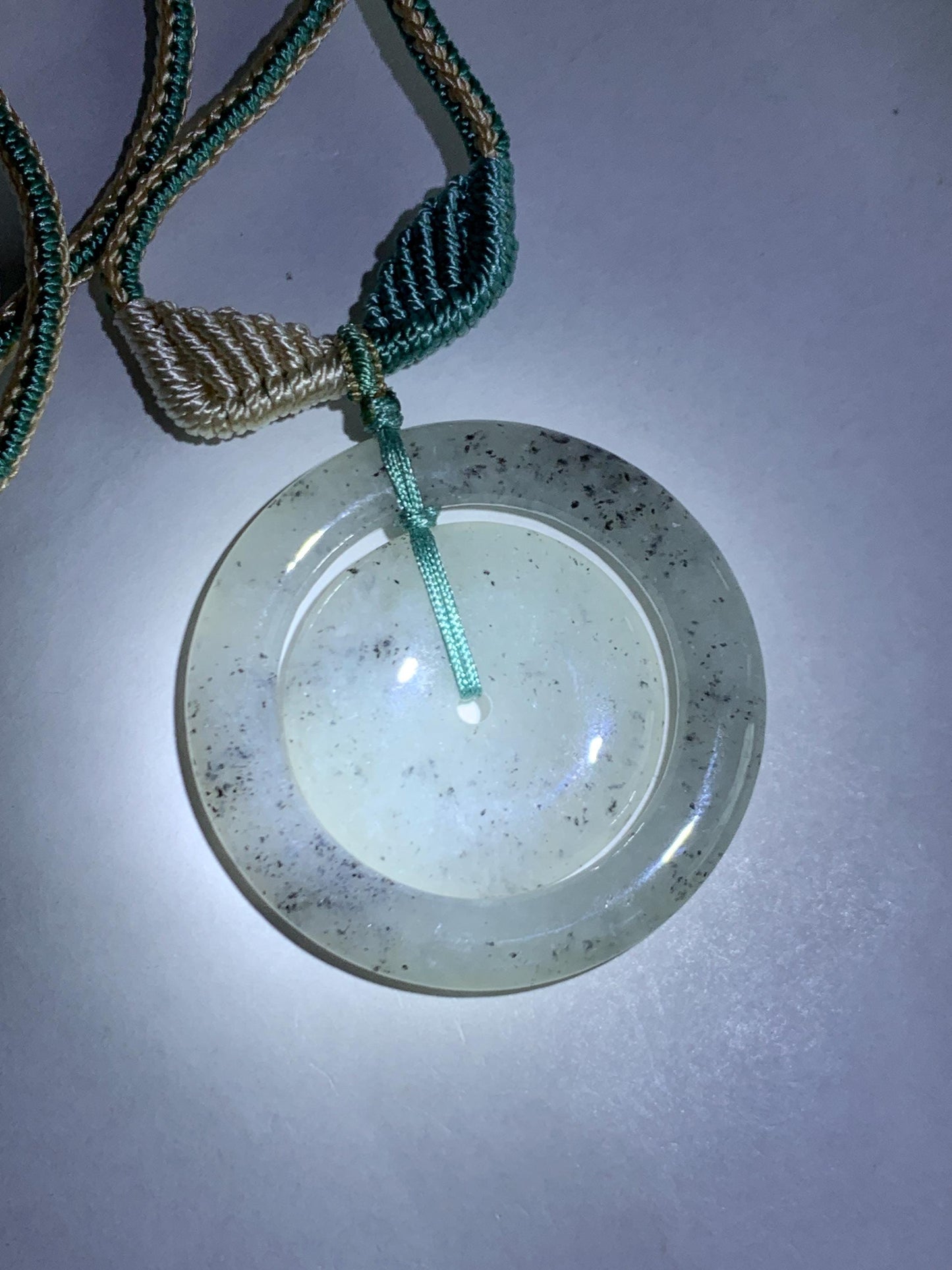 Natural Grade A Icy Highly Translucent Light Wuji Jade Jadeite Mother-Child Ping An Kou Donut Pendant Rope Necklace 26” 天然冰胶乌鸡翡翠子母扣吊坠WJZM230
