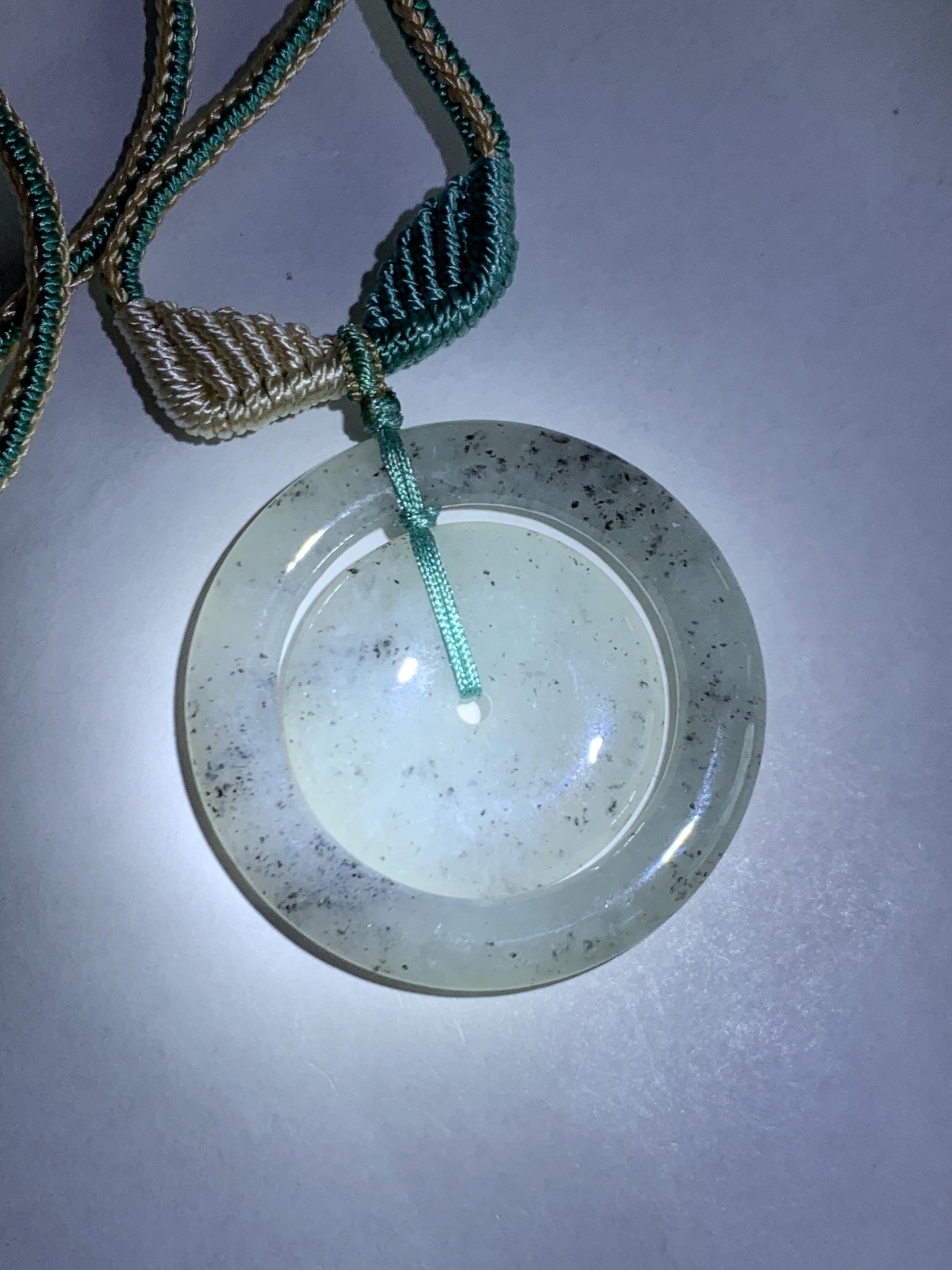 Natural Grade A Icy Highly Translucent Light Wuji Jade Jadeite Mother-Child Ping An Kou Donut Pendant Rope Necklace 26” 天然冰胶乌鸡翡翠子母扣吊坠WJZM230