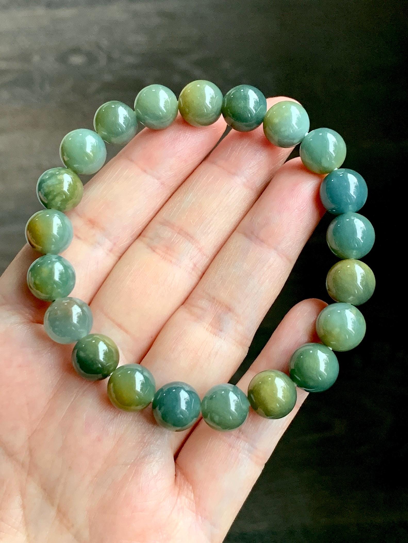 Natural Grade A Guatemalan Icy Translucent Dark Teal Yellow Marbled Jade Jadeite Beaded Bracelet Stretchy 9.7mm 7.75" 天然冰危飘黄翡翠圆珠手串 WLH330