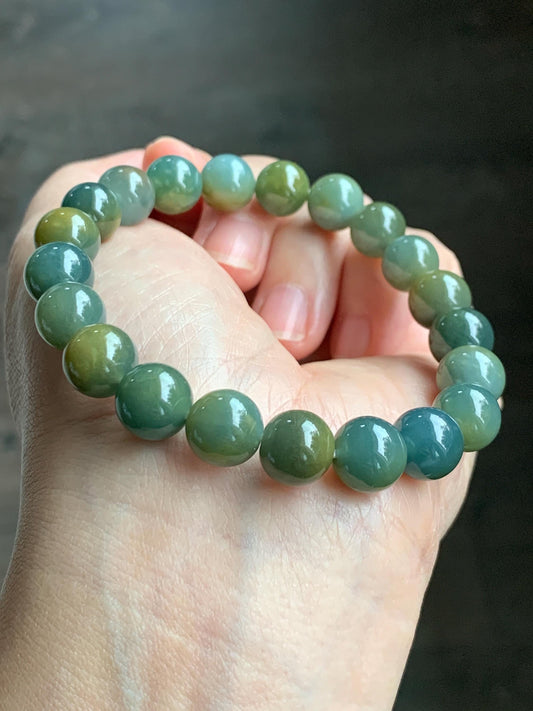 Natural Grade A Guatemalan Icy Translucent Dark Teal Yellow Marbled Jade Jadeite Beaded Bracelet Stretchy 9.7mm 7.75" 天然冰危飘黄翡翠圆珠手串 WLH330
