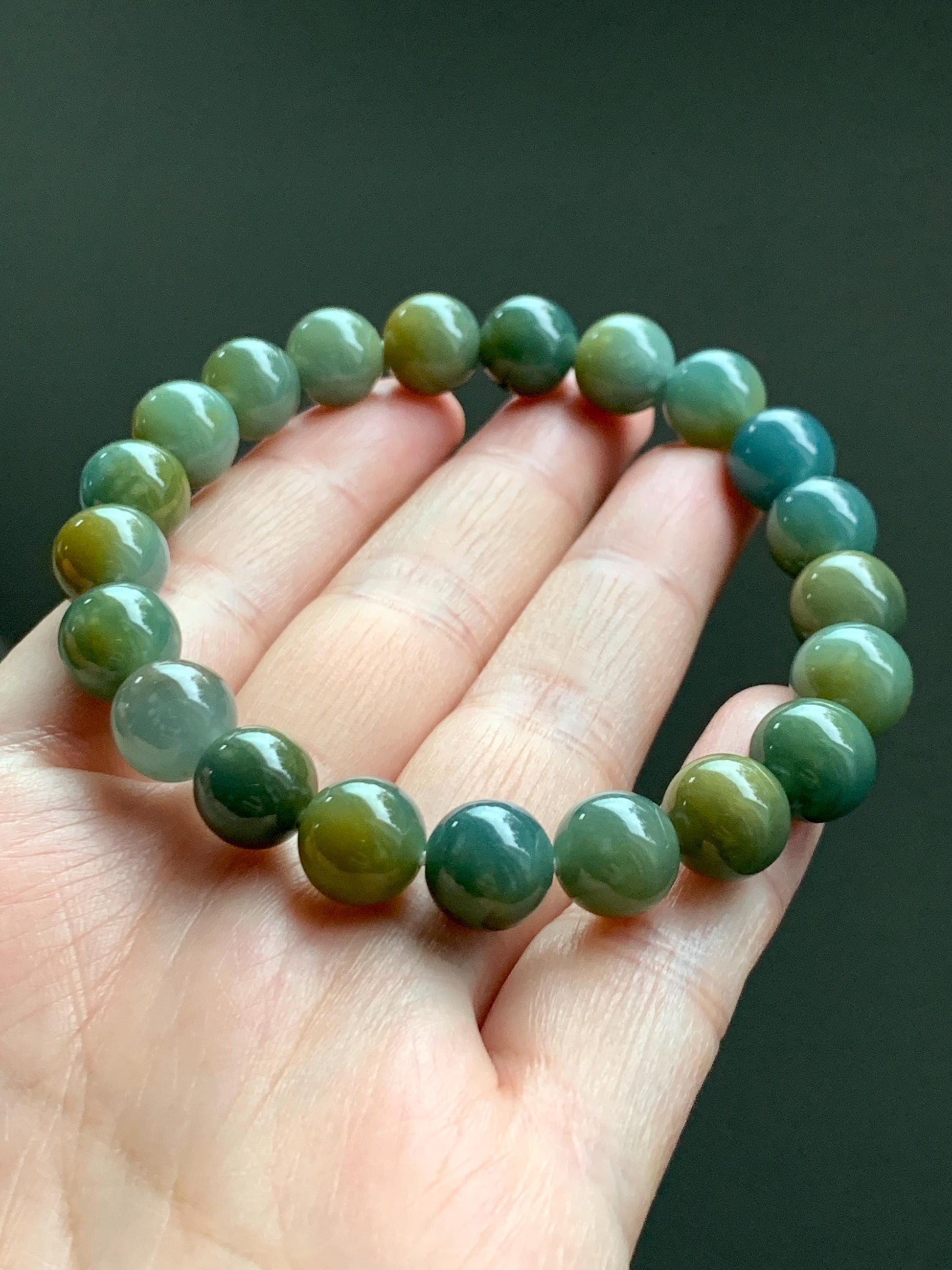 Natural Grade A Guatemalan Icy Translucent Dark Teal Yellow Marbled Jade Jadeite Beaded Bracelet Stretchy 9.7mm 7.75" 天然冰危飘黄翡翠圆珠手串 WLH330