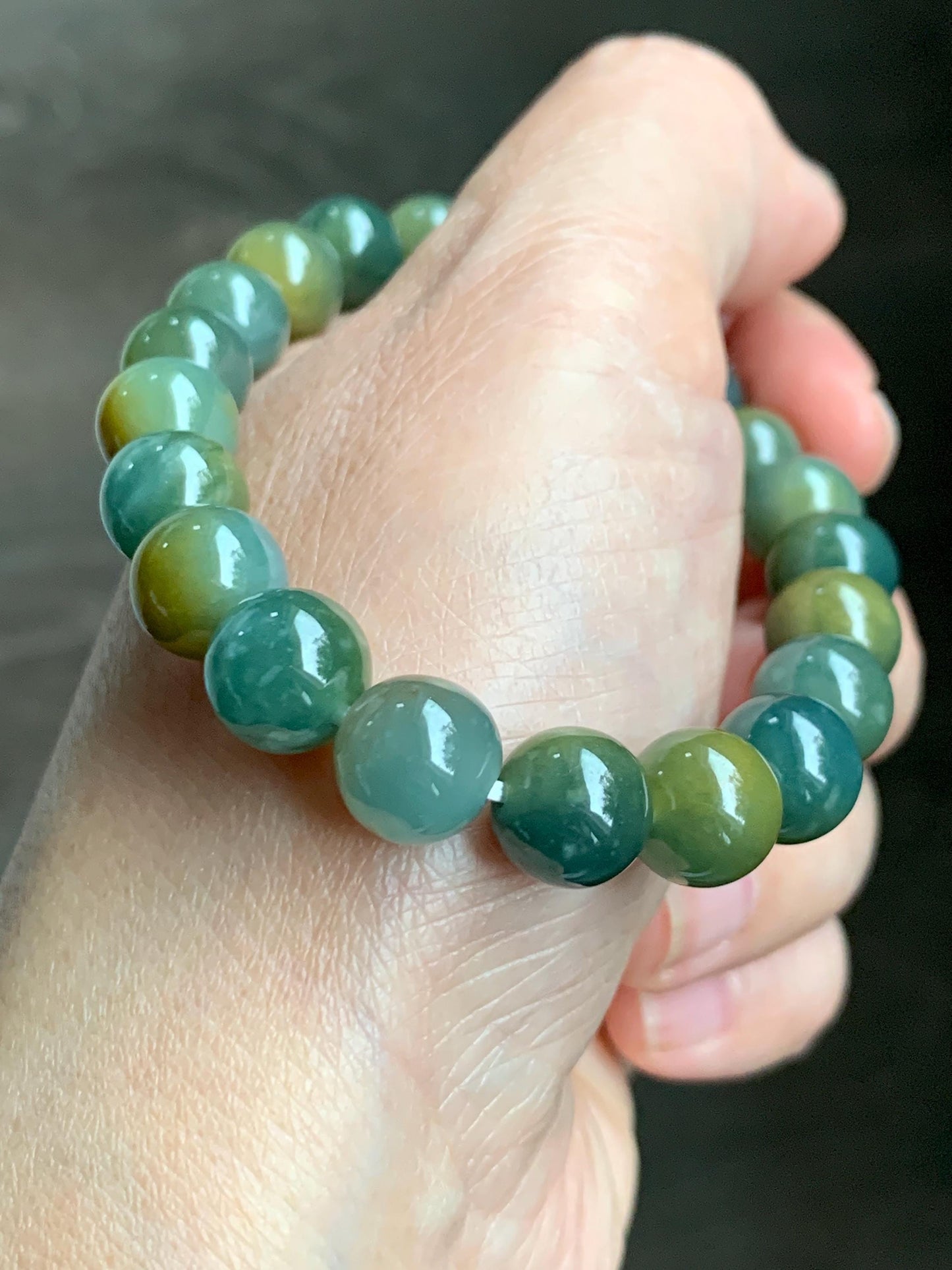 Natural Grade A Guatemalan Icy Translucent Dark Teal Yellow Marbled Jade Jadeite Beaded Bracelet Stretchy 9.7mm 7.75" 天然冰危飘黄翡翠圆珠手串 WLH330