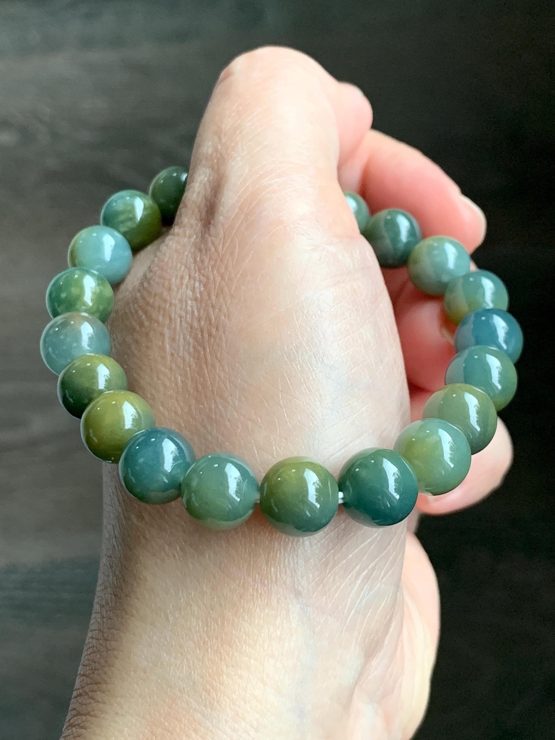 Natural Grade A Guatemalan Icy Translucent Dark Teal Yellow Marbled Jade Jadeite Beaded Bracelet Stretchy 9.7mm 7.75" 天然冰危飘黄翡翠圆珠手串 WLH330