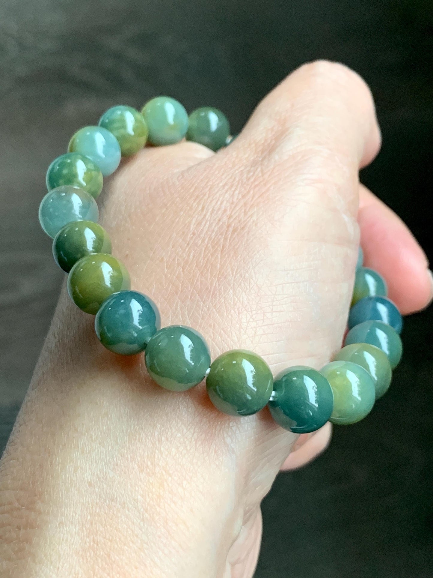 Natural Grade A Guatemalan Icy Translucent Dark Teal Yellow Marbled Jade Jadeite Beaded Bracelet Stretchy 9.7mm 7.75" 天然冰危飘黄翡翠圆珠手串 WLH330