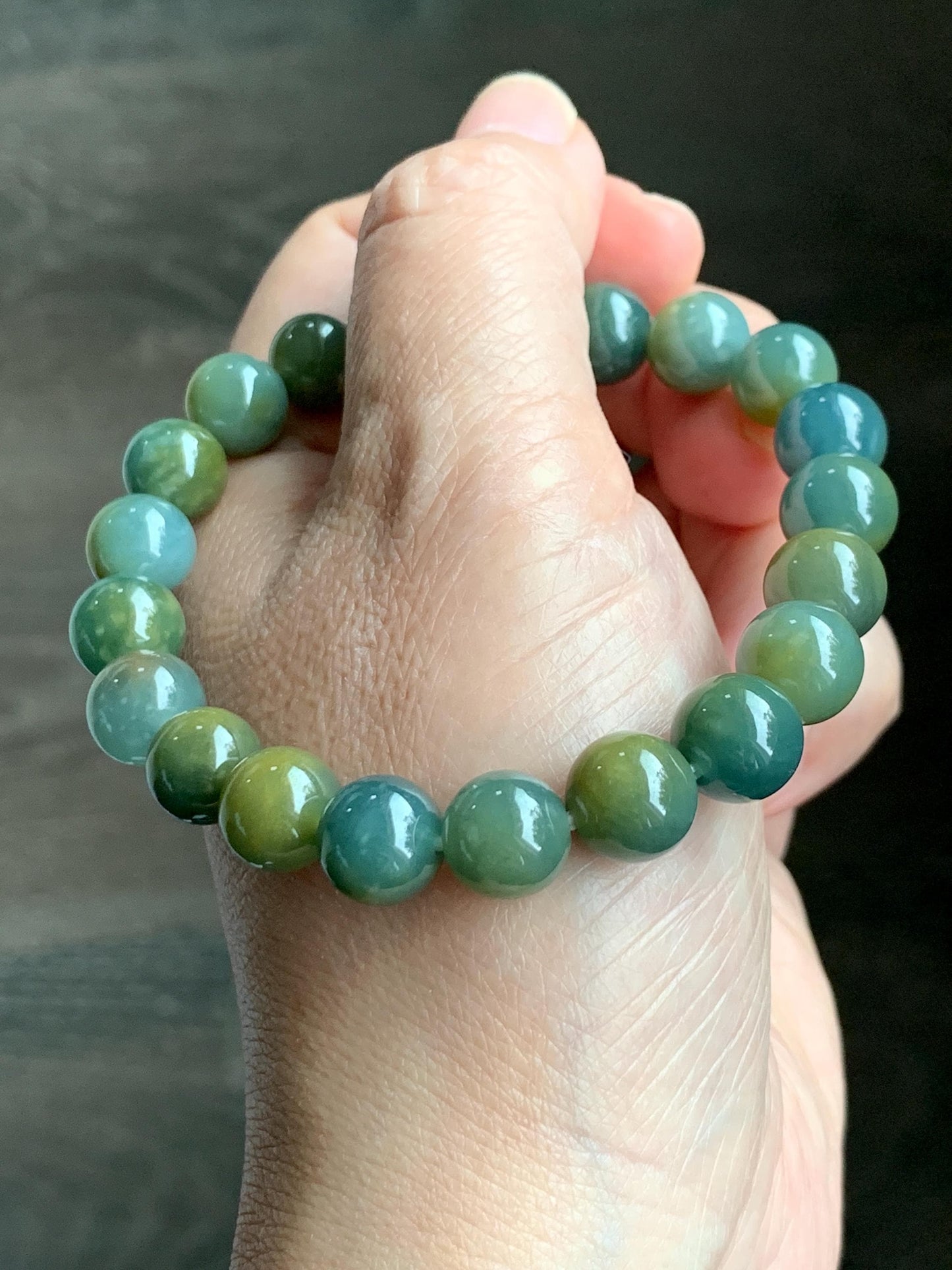 Natural Grade A Guatemalan Icy Translucent Dark Teal Yellow Marbled Jade Jadeite Beaded Bracelet Stretchy 9.7mm 7.75" 天然冰危飘黄翡翠圆珠手串 WLH330