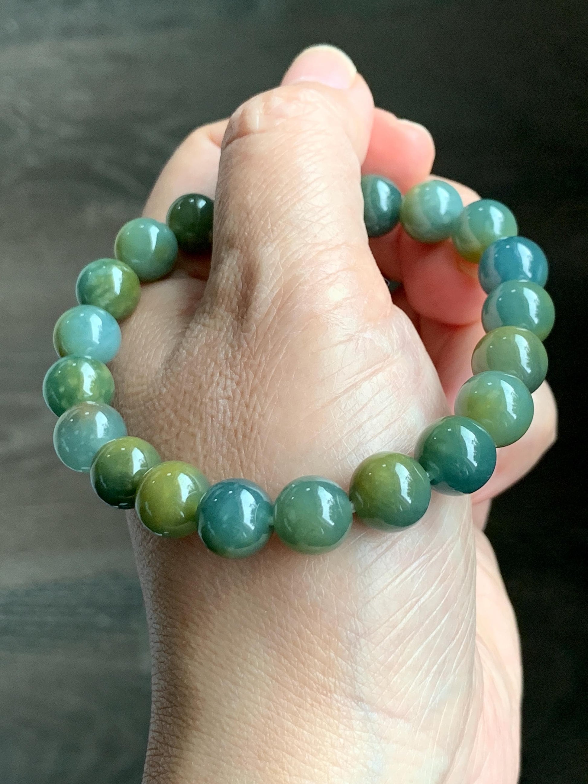 Natural Grade A Guatemalan Icy Translucent Dark Teal Yellow Marbled Jade Jadeite Beaded Bracelet Stretchy 9.7mm 7.75" 天然冰危飘黄翡翠圆珠手串 WLH330