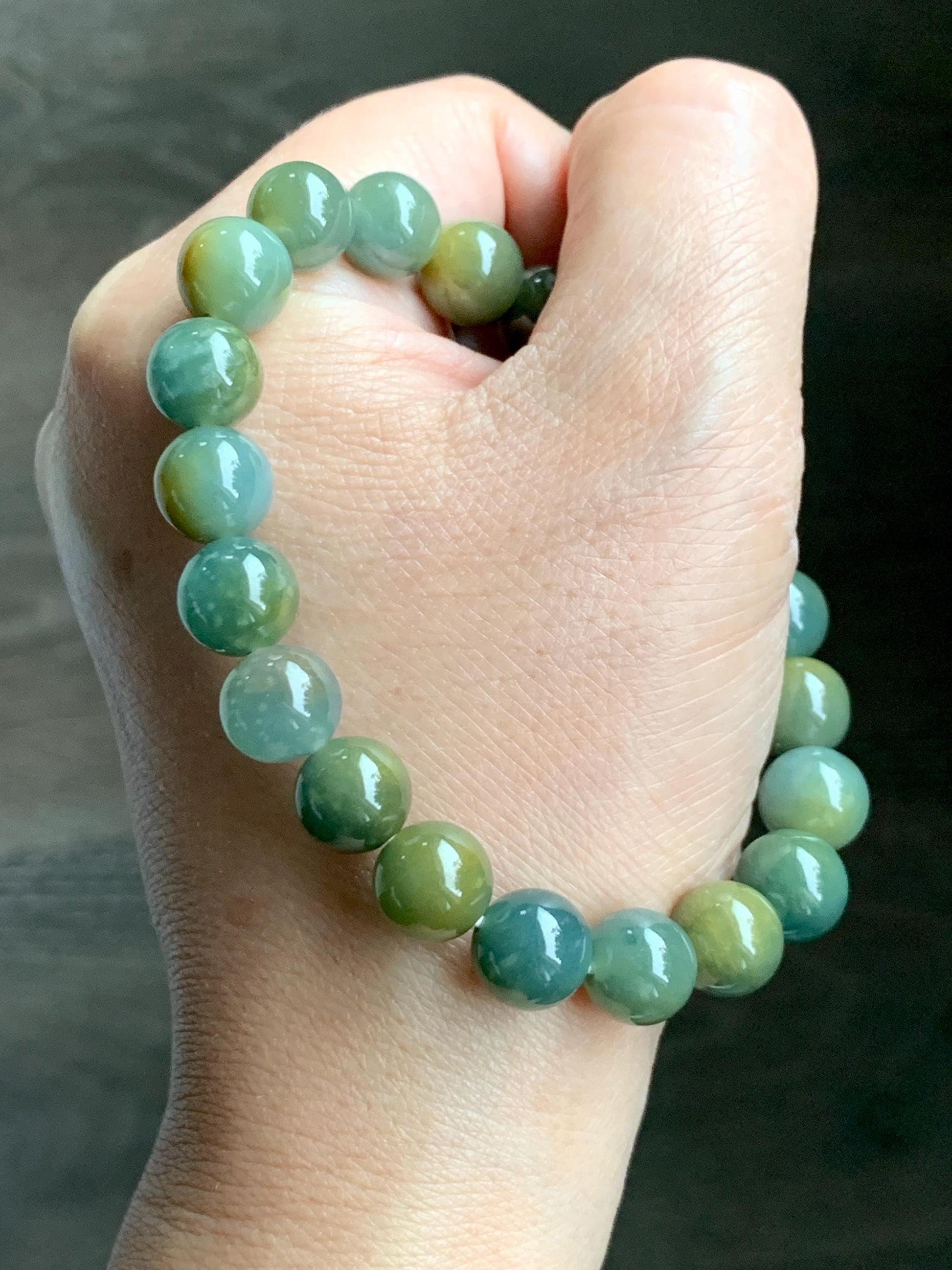 Natural Grade A Guatemalan Icy Translucent Dark Teal Yellow Marbled Jade Jadeite Beaded Bracelet Stretchy 9.7mm 7.75" 天然冰危飘黄翡翠圆珠手串 WLH330