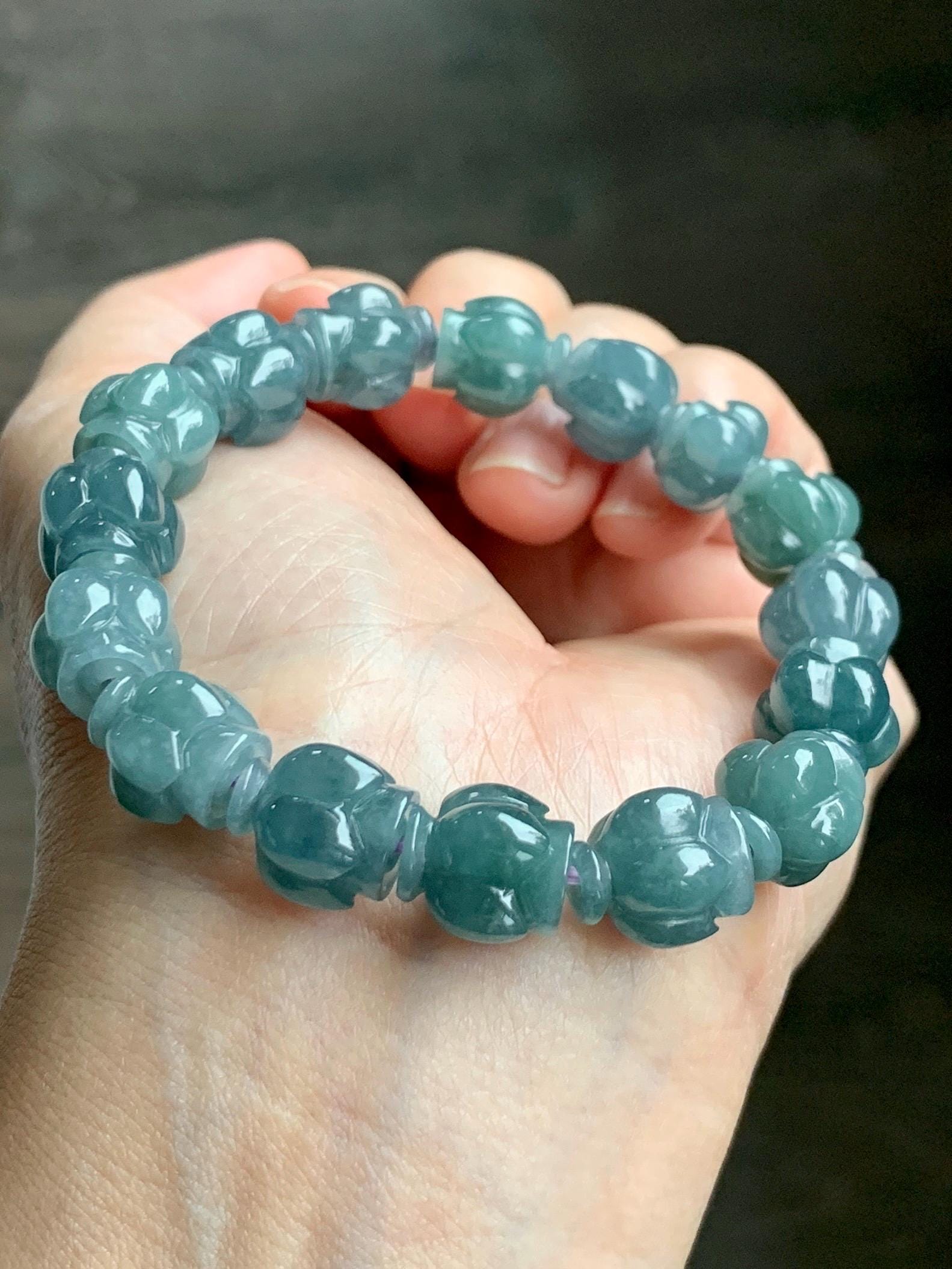 Natural Grade A Guatemala Icy Translucent Dark Blue Jade Jadeite Lotus Flower Beads Beaded Bracelet 11mm 6.75” 33g 天然冰胶危深蓝翡翠莲花珠手串 WDL294