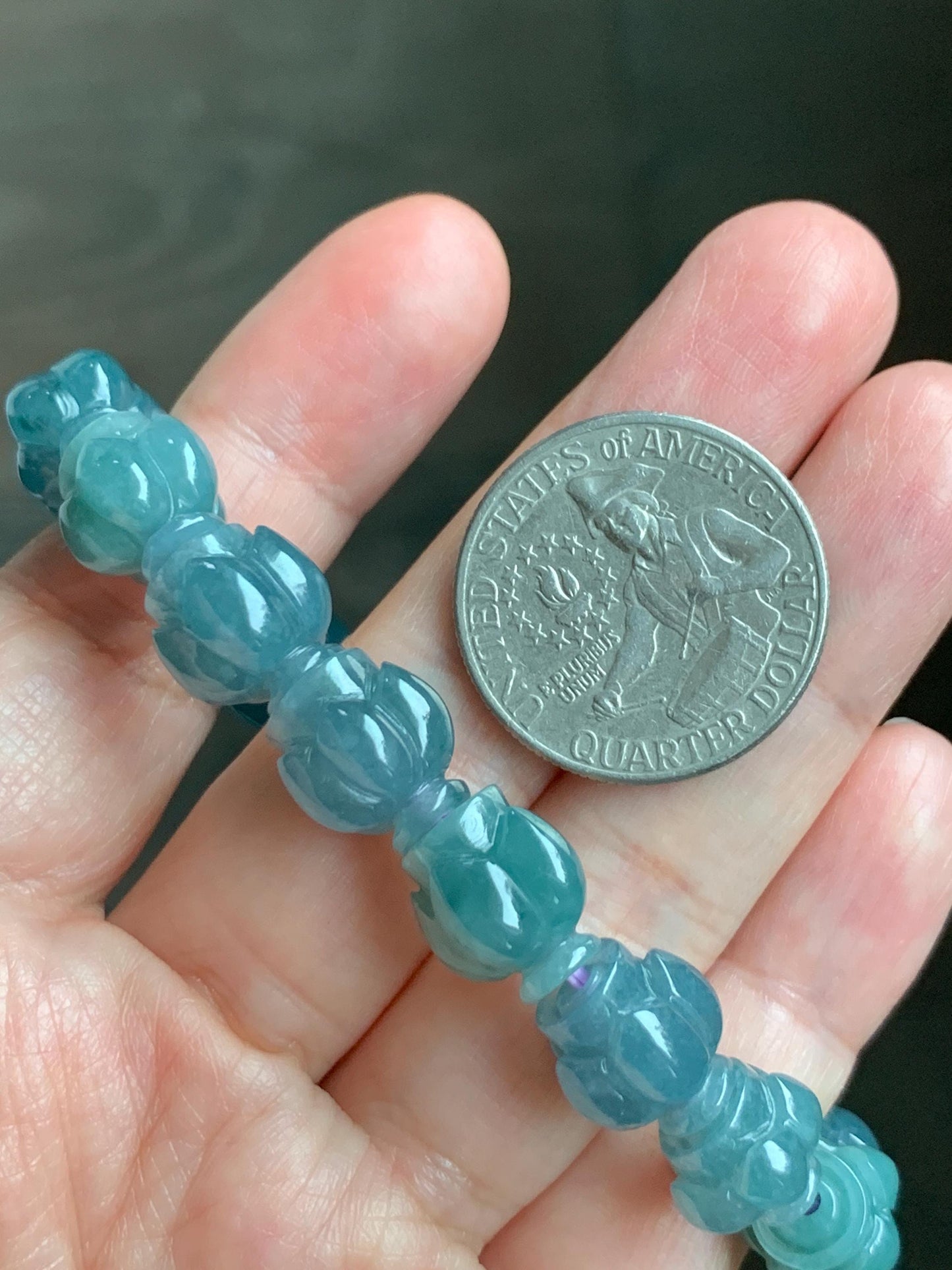 Natural Grade A Guatemala Icy Translucent Dark Blue Jade Jadeite Lotus Flower Beads Beaded Bracelet 11mm 6.75” 33g 天然冰胶危深蓝翡翠莲花珠手串 WDL294