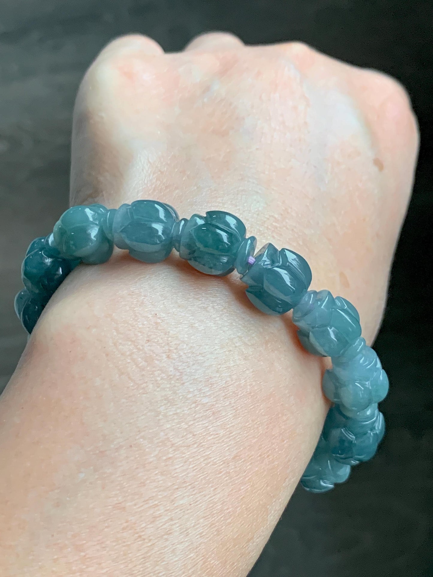 Natural Grade A Guatemala Icy Translucent Dark Blue Jade Jadeite Lotus Flower Beads Beaded Bracelet 11mm 6.75” 33g 天然冰胶危深蓝翡翠莲花珠手串 WDL294
