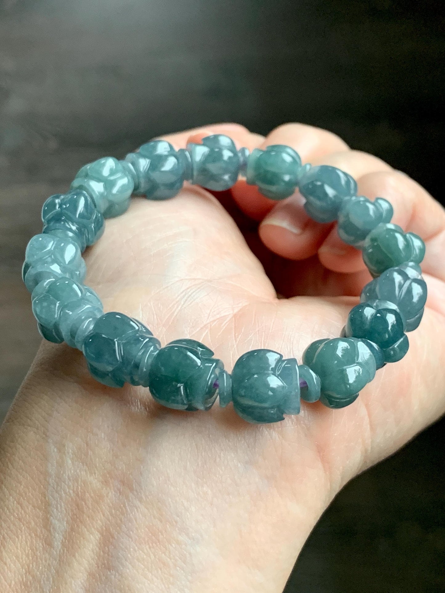 Natural Grade A Guatemala Icy Translucent Dark Blue Jade Jadeite Lotus Flower Beads Beaded Bracelet 11mm 6.75” 33g 天然冰胶危深蓝翡翠莲花珠手串 WDL294