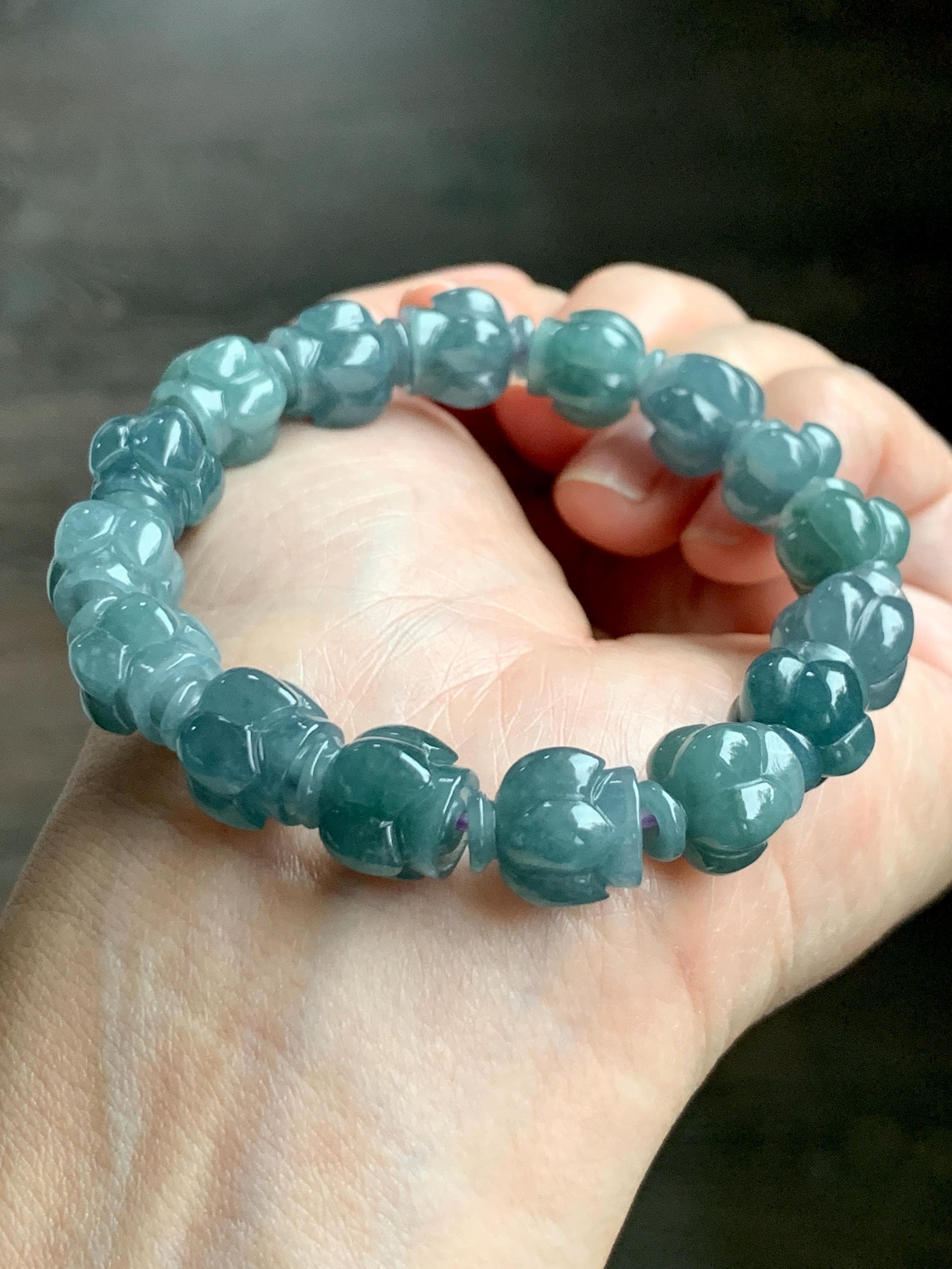 Natural Grade A Guatemala Icy Translucent Dark Blue Jade Jadeite Lotus Flower Beads Beaded Bracelet 11mm 6.75” 33g 天然冰胶危深蓝翡翠莲花珠手串 WDL294