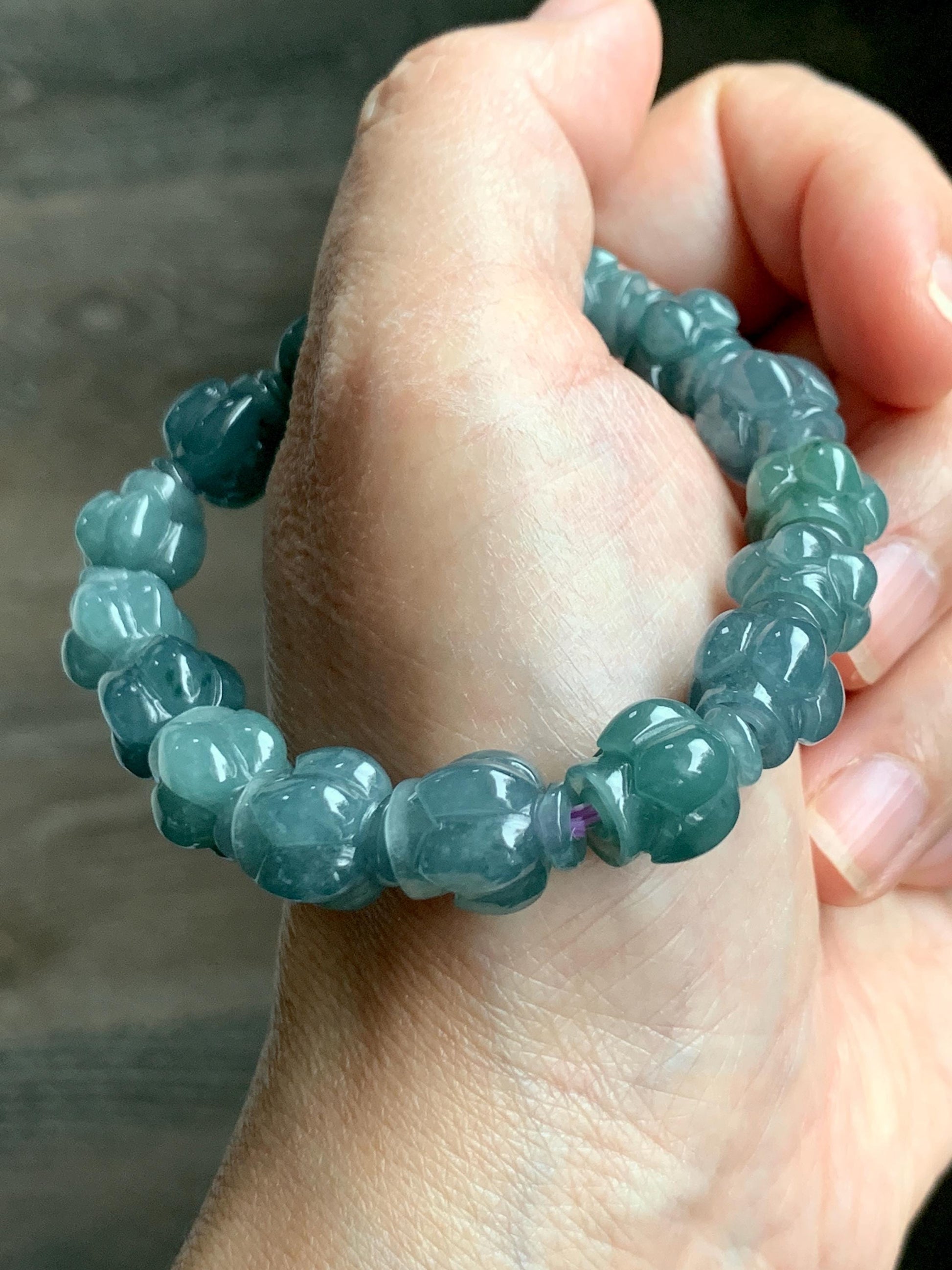 Natural Grade A Guatemala Icy Translucent Dark Blue Jade Jadeite Lotus Flower Beads Beaded Bracelet 11mm 6.75” 33g 天然冰胶危深蓝翡翠莲花珠手串 WDL294