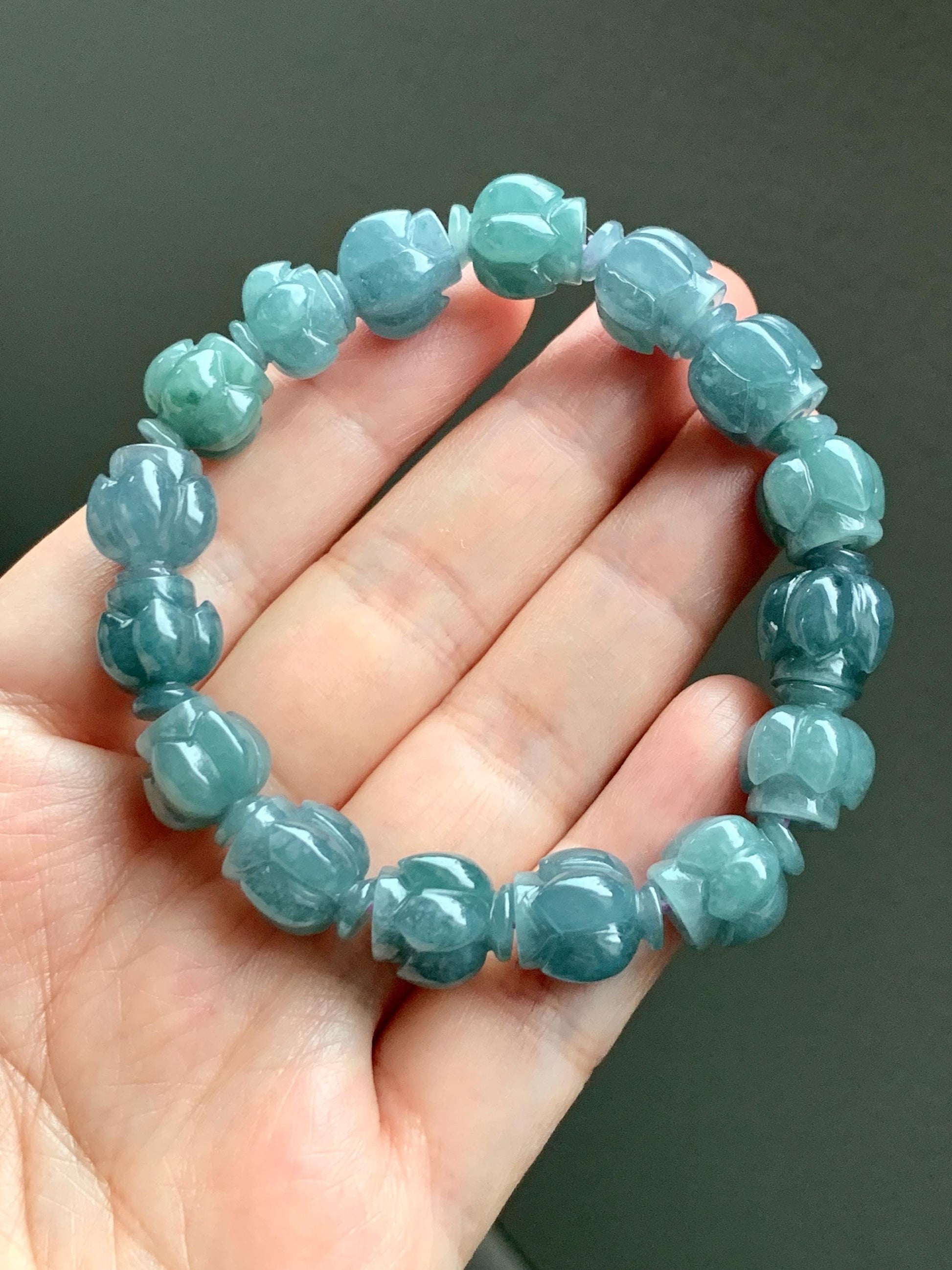 Natural Grade A Guatemala Icy Translucent Dark Blue Jade Jadeite Lotus Flower Beads Beaded Bracelet 11mm 6.75” 33g 天然冰胶危深蓝翡翠莲花珠手串 WDL294
