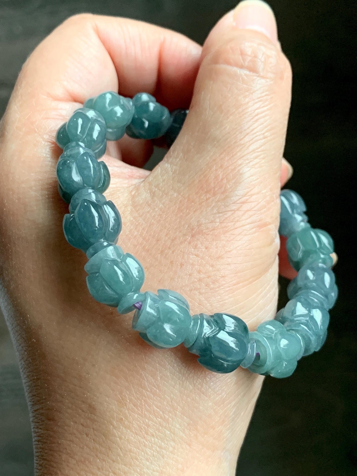 Natural Grade A Guatemala Icy Translucent Dark Blue Jade Jadeite Lotus Flower Beads Beaded Bracelet 11mm 6.75” 33g 天然冰胶危深蓝翡翠莲花珠手串 WDL294