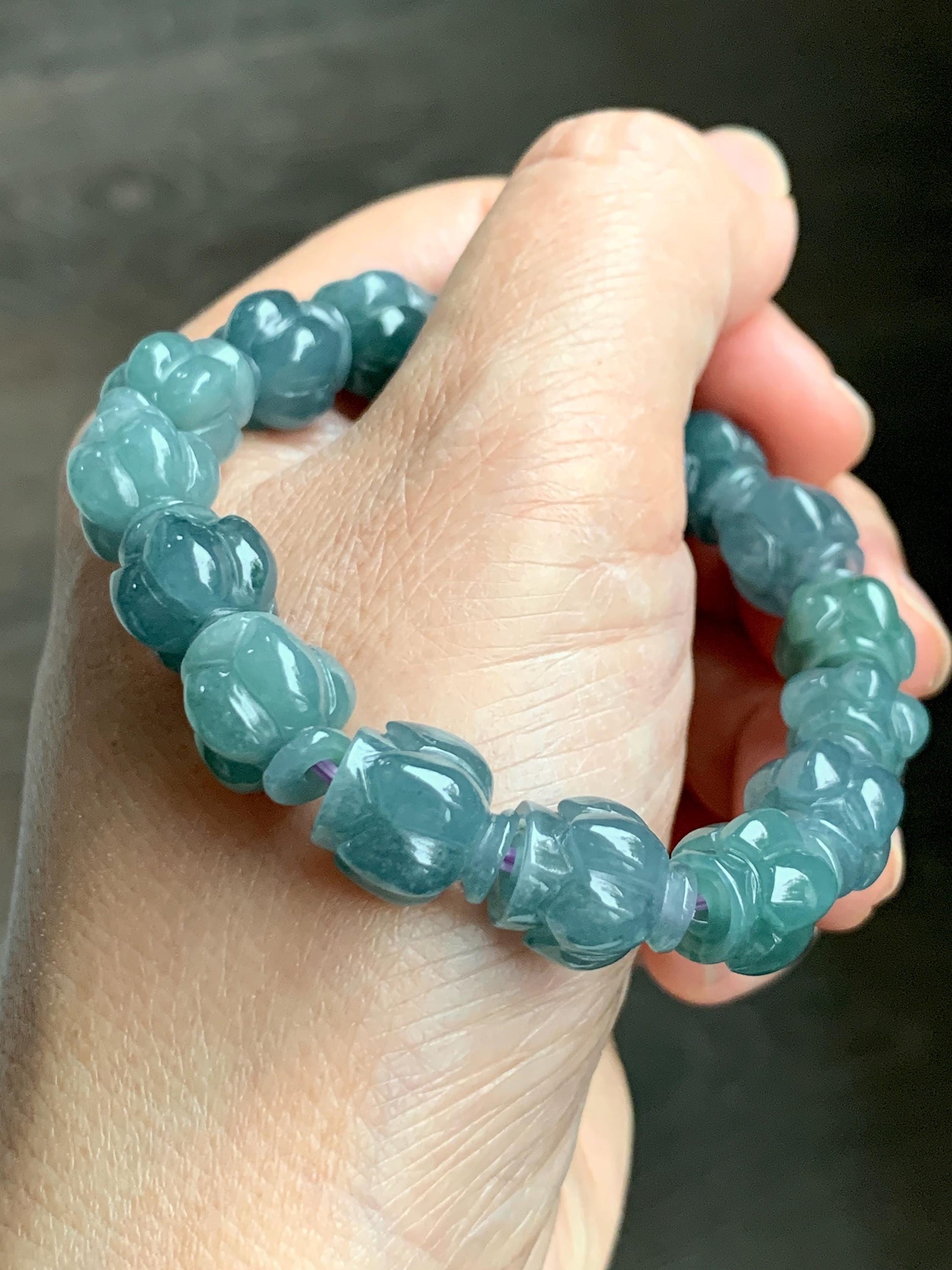 Natural Grade A Guatemala Icy Translucent Dark Blue Jade Jadeite Lotus Flower Beads Beaded Bracelet 11mm 6.75” 33g 天然冰胶危深蓝翡翠莲花珠手串 WDL294
