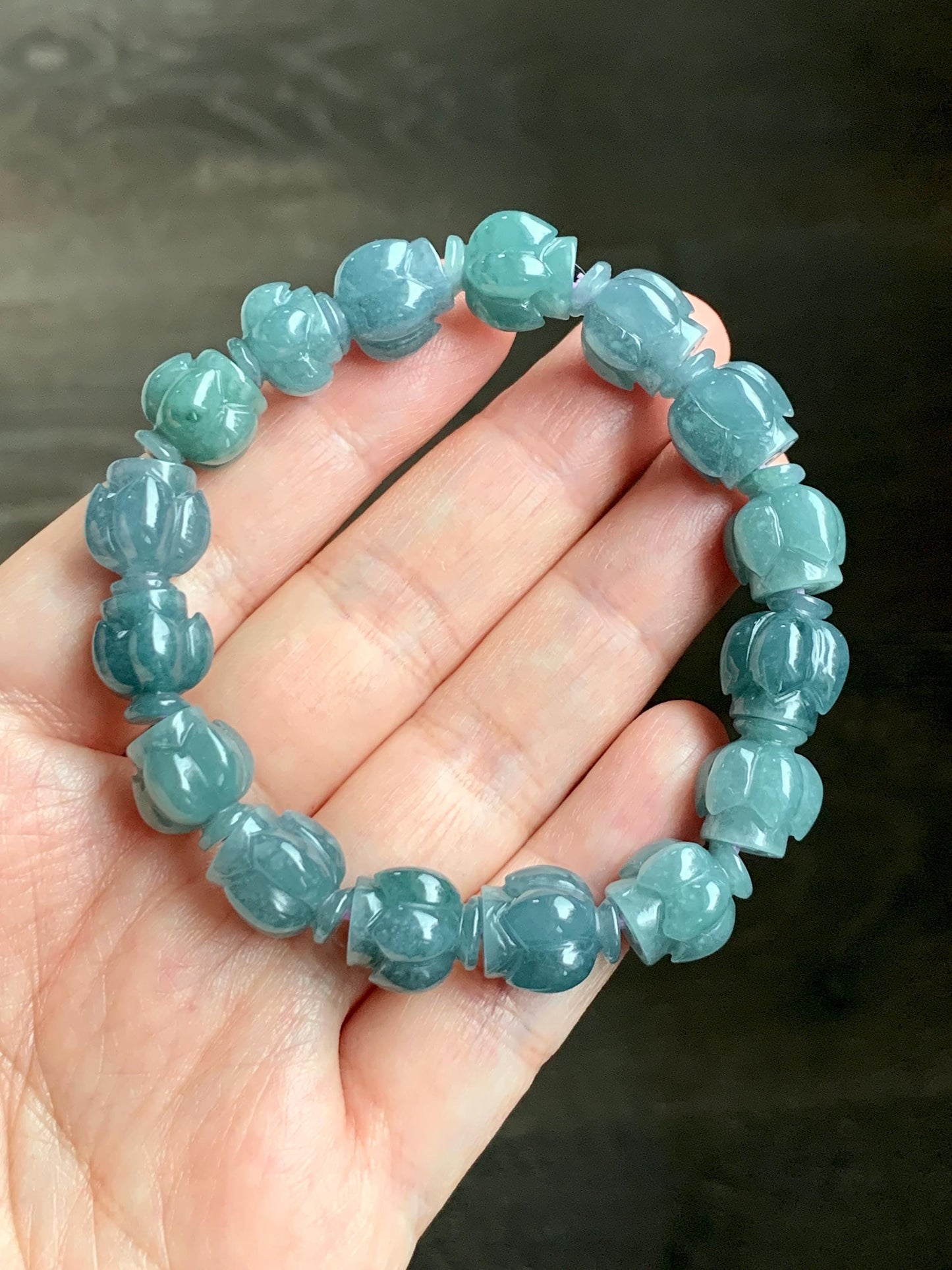 Natural Grade A Guatemala Icy Translucent Dark Blue Jade Jadeite Lotus Flower Beads Beaded Bracelet 11mm 6.75” 33g 天然冰胶危深蓝翡翠莲花珠手串 WDL294