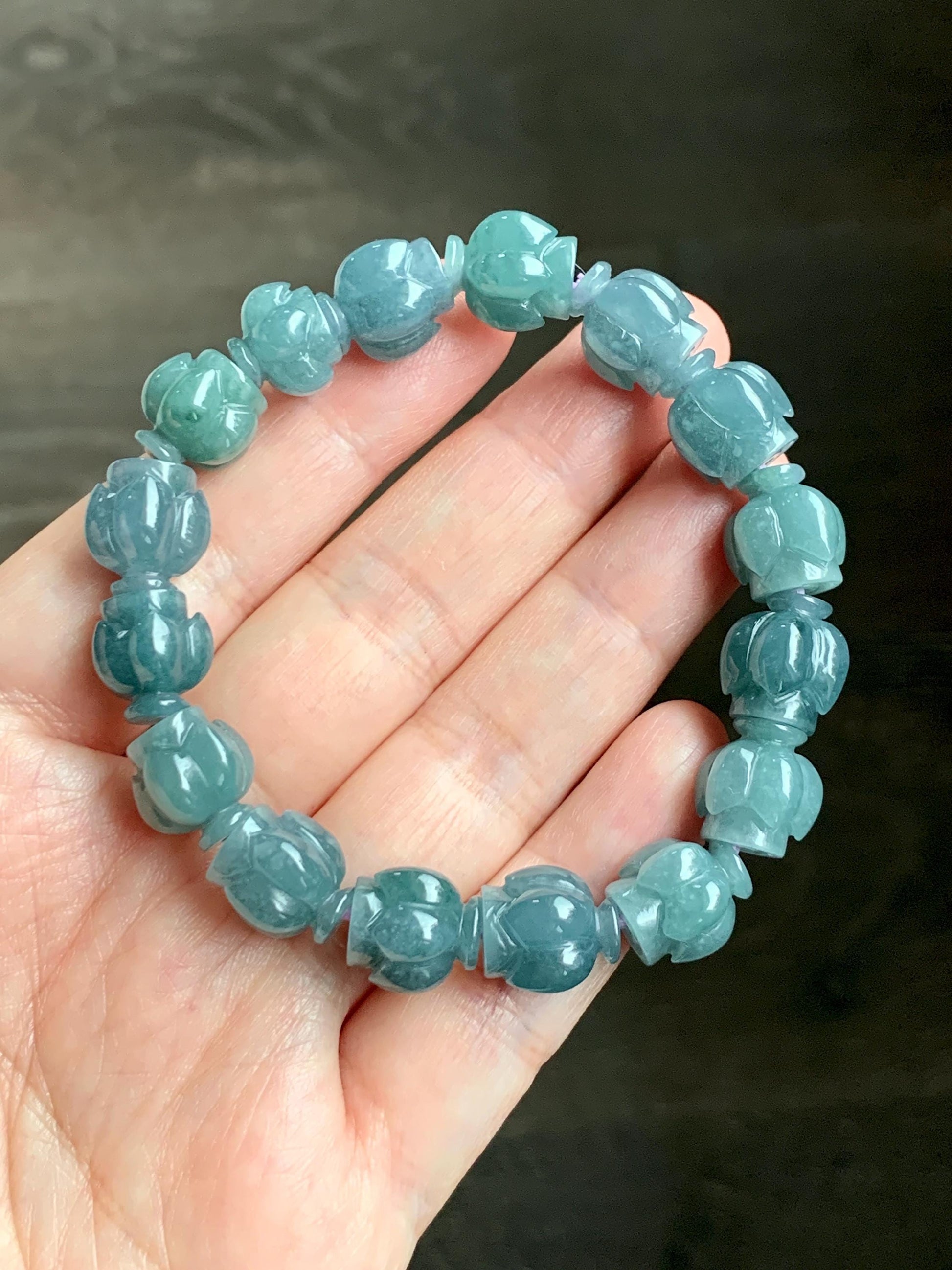Natural Grade A Guatemala Icy Translucent Dark Blue Jade Jadeite Lotus Flower Beads Beaded Bracelet 11mm 6.75” 33g 天然冰胶危深蓝翡翠莲花珠手串 WDL294