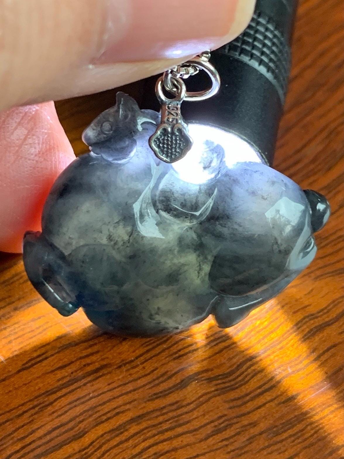 Natural Grade A Icy Translucent Gelatinous Dark Wuji Jade Jadeite Carved Tang Horse Pendant Sterling Silver 11g 天然冰胶深色乌鸡翡翠唐马银镶吊坠 MWJ440A