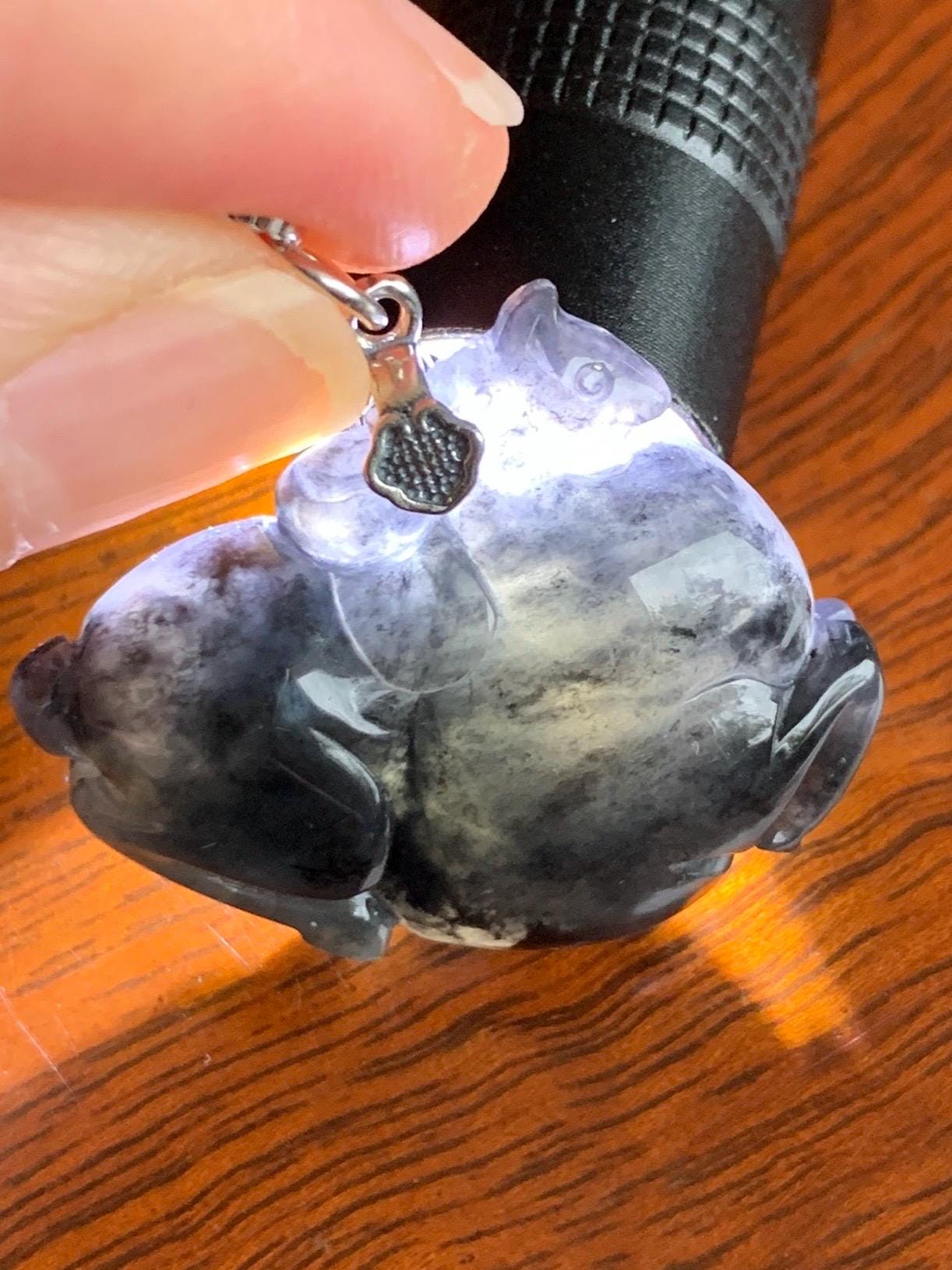 Natural Grade A Icy Translucent Gelatinous Dark Wuji Jade Jadeite Carved Tang Horse Pendant Sterling Silver 11g 天然冰胶深色乌鸡翡翠唐马银镶吊坠 MWJ440A