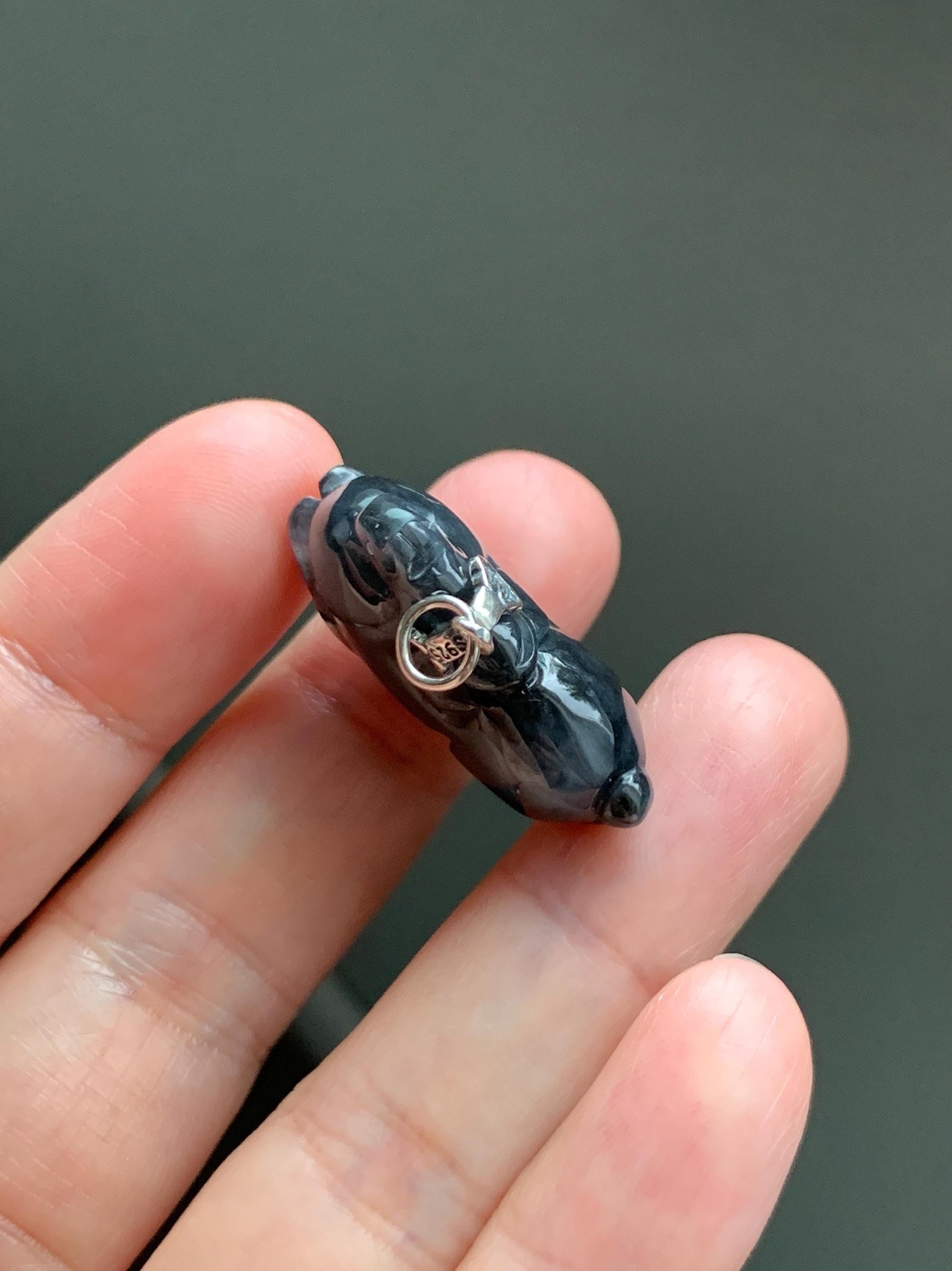 Natural Grade A Icy Translucent Gelatinous Dark Wuji Jade Jadeite Carved Tang Horse Pendant Sterling Silver 11g 天然冰胶深色乌鸡翡翠唐马银镶吊坠 MWJ440A