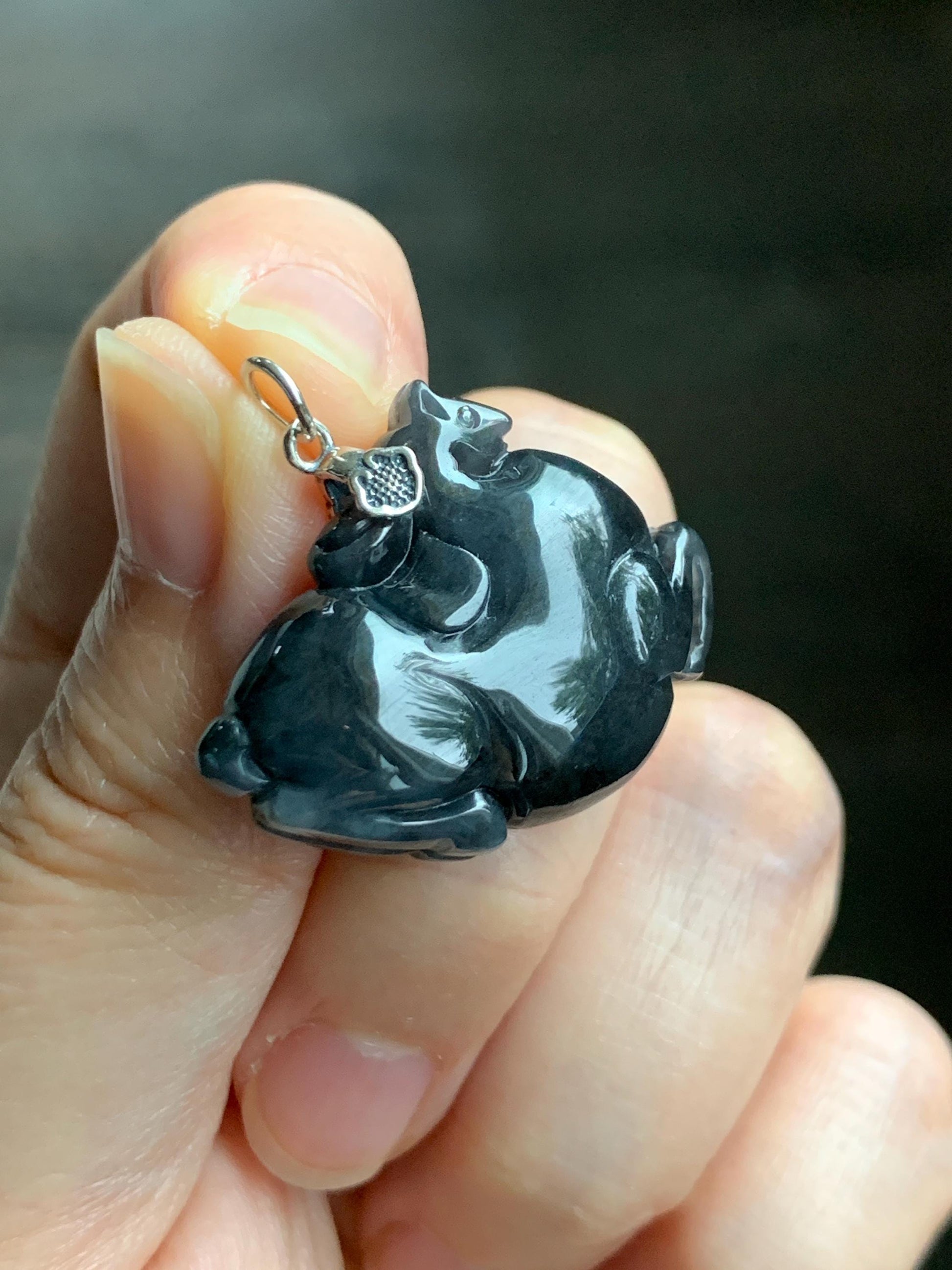Natural Grade A Icy Translucent Gelatinous Dark Wuji Jade Jadeite Carved Tang Horse Pendant Sterling Silver 11g 天然冰胶深色乌鸡翡翠唐马银镶吊坠 MWJ440A